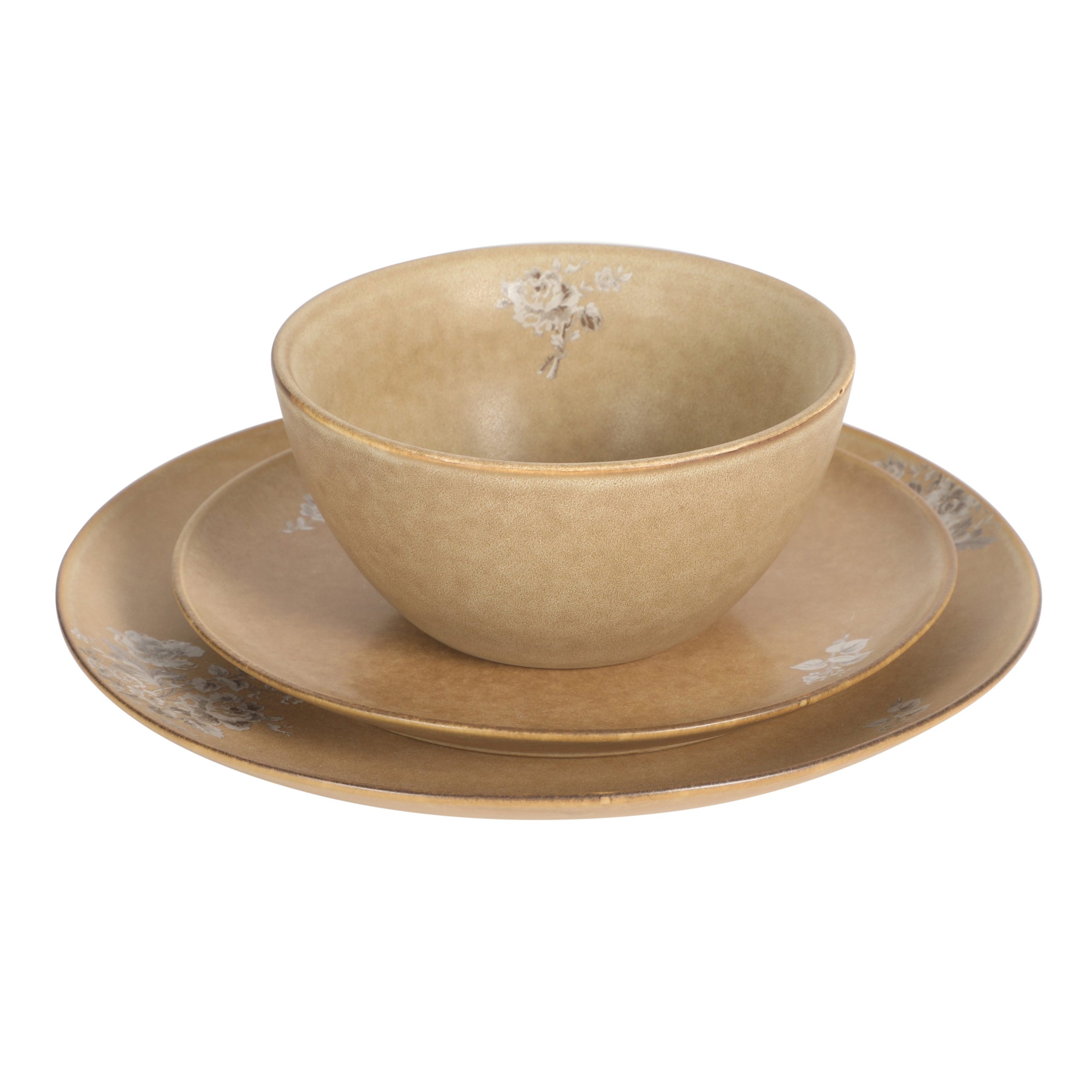 Gibson Elite Valencia Bloom 12 Piece Plates and Bowls Dinnerware Set - Taupe with Floral Decal Dishes - Microwave and Dishwasher Safe - Image 8