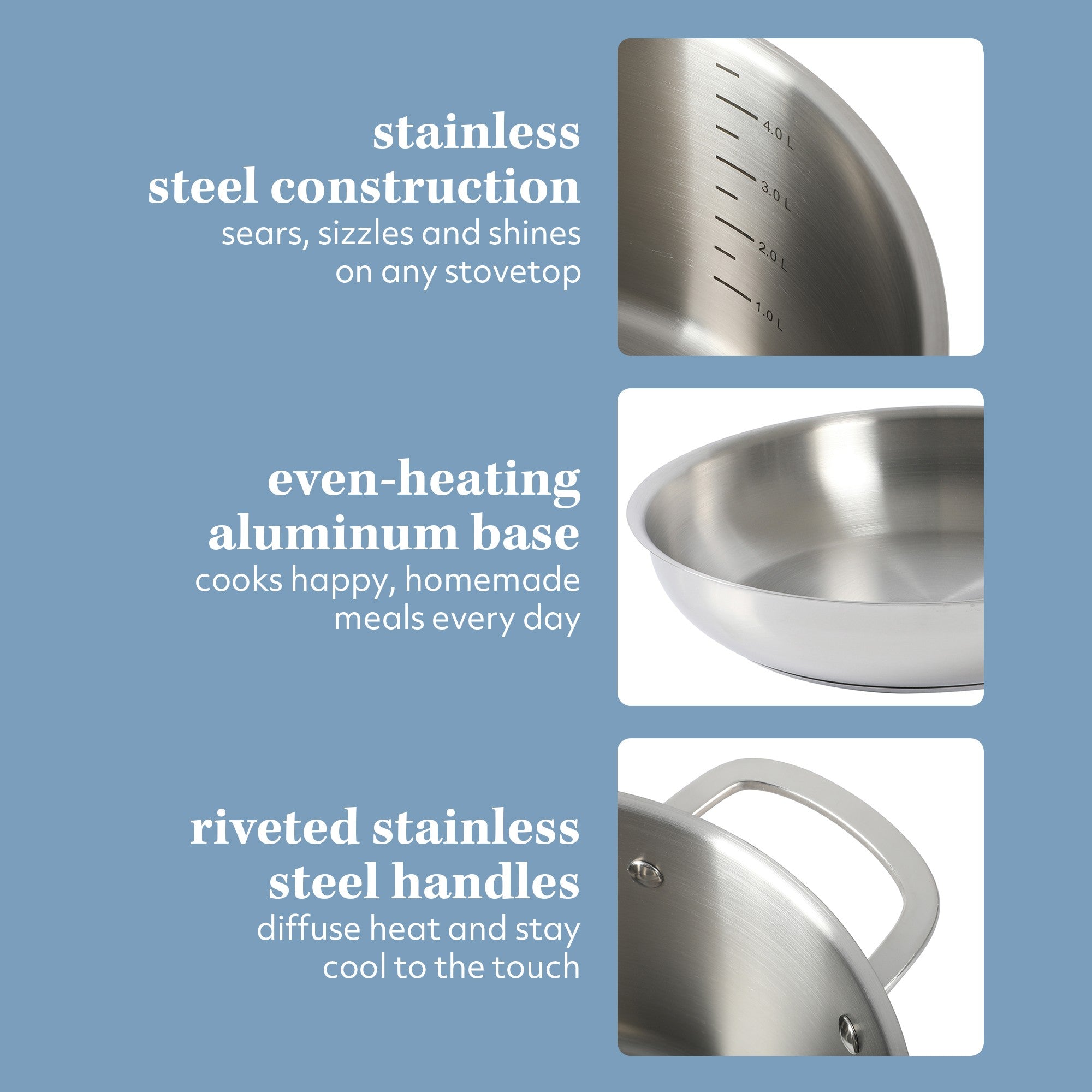 Sur La Table Kitchen Essentials 10 Piece Stainless Steel Non Toxic Pots and Pans Kitchen Cookware Set W/ Triply Encapsulated Base - Induction Safe - Image 14