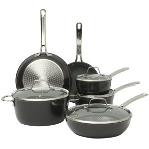 Sur La Table Kitchen Essentials Cool Commune Hard Anodized 10 Piece PFA Free Ceramic Non stick Interior Forged Durable Aluminum Pots and Pans Cookware Set