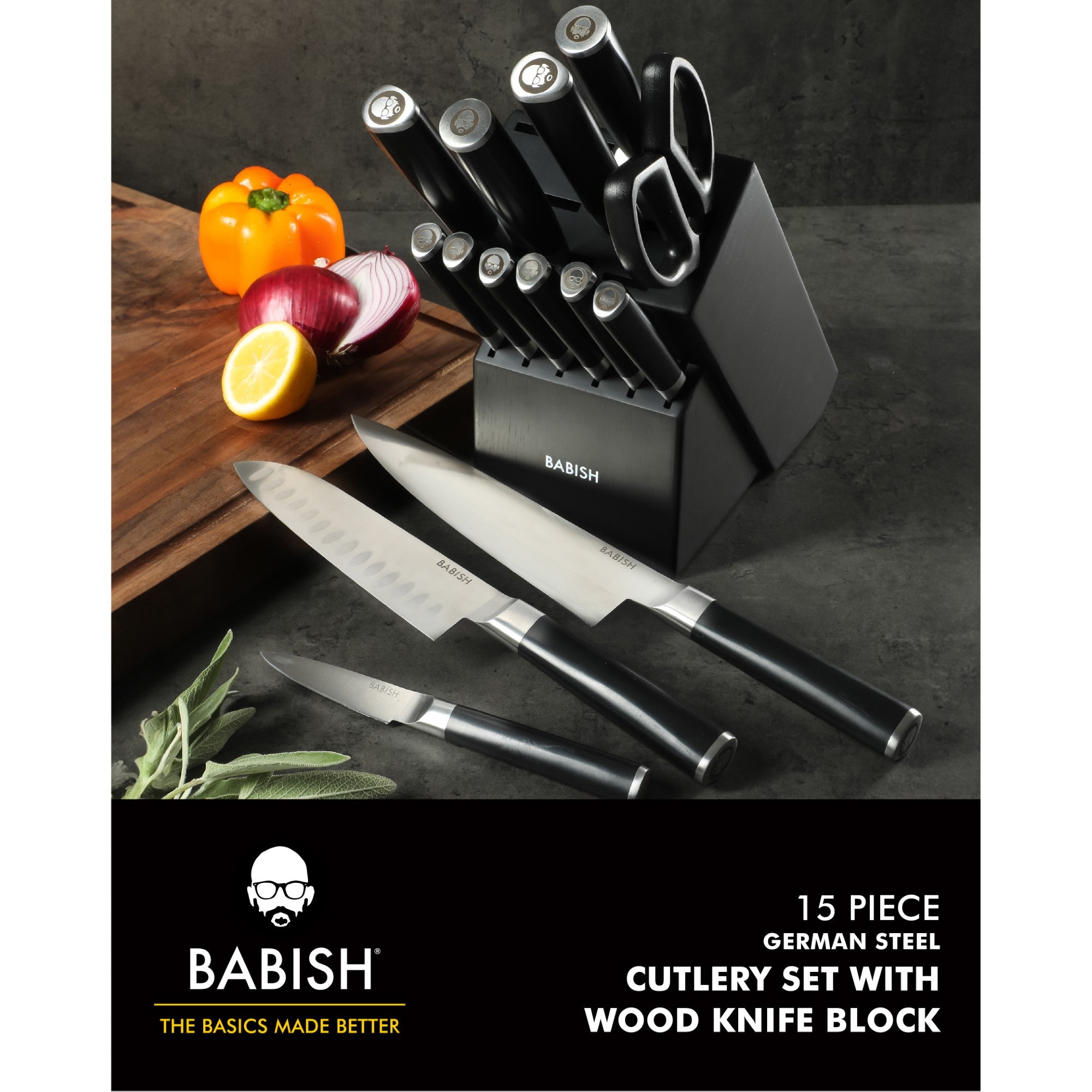 Babish High-Carbon 1.4116 German Steel 15 Piece Full Tang Forged Cutlery Kitchen Knife Block Set - Black - Image 3