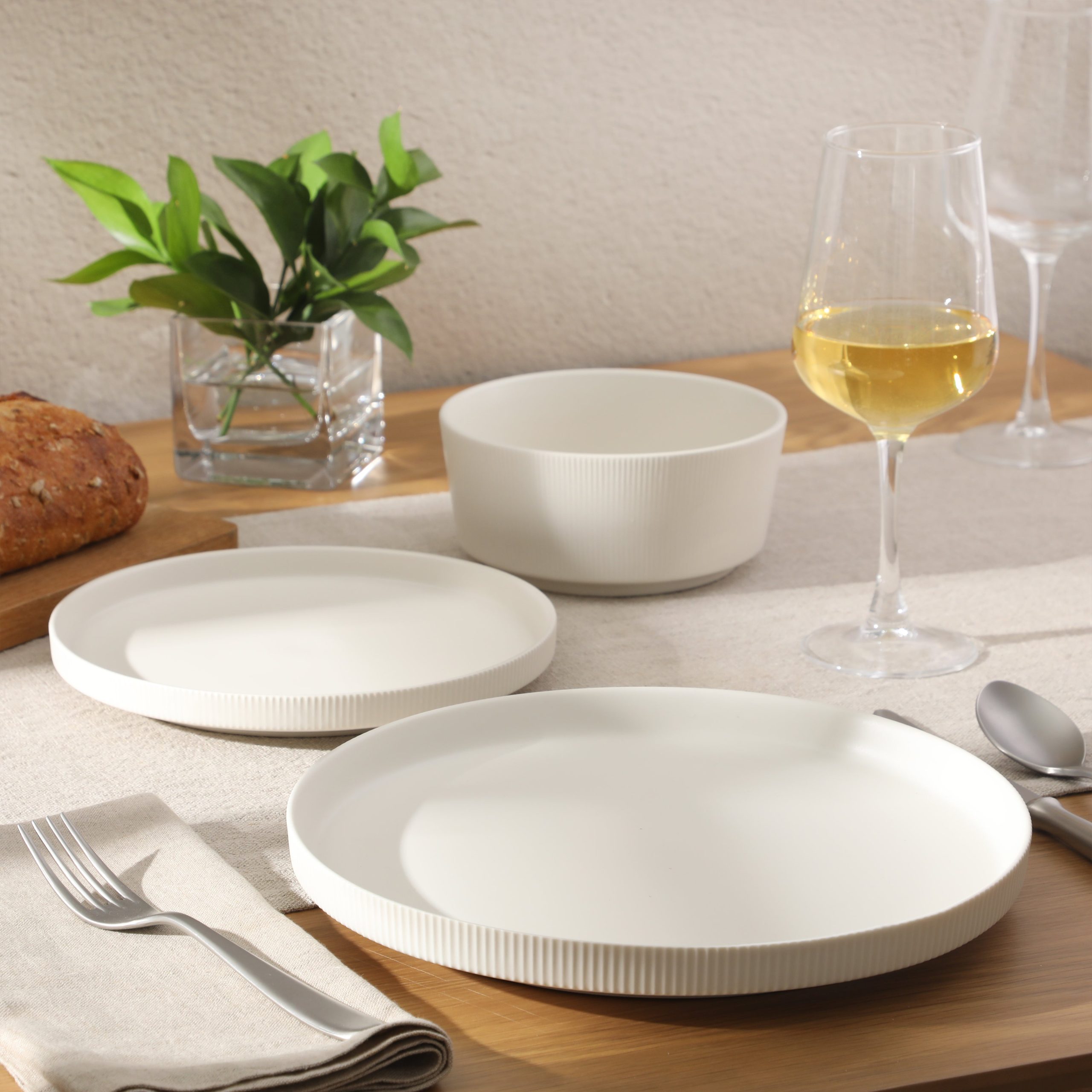 Gibson Home Dempsey Road 12-Piece Stoneware Dinnerware Set – Service for 4, Round Plates and Bowls, Durable Solid Color Modern Embossed Dish Set, Microwave & Dishwasher Safe - Image 5