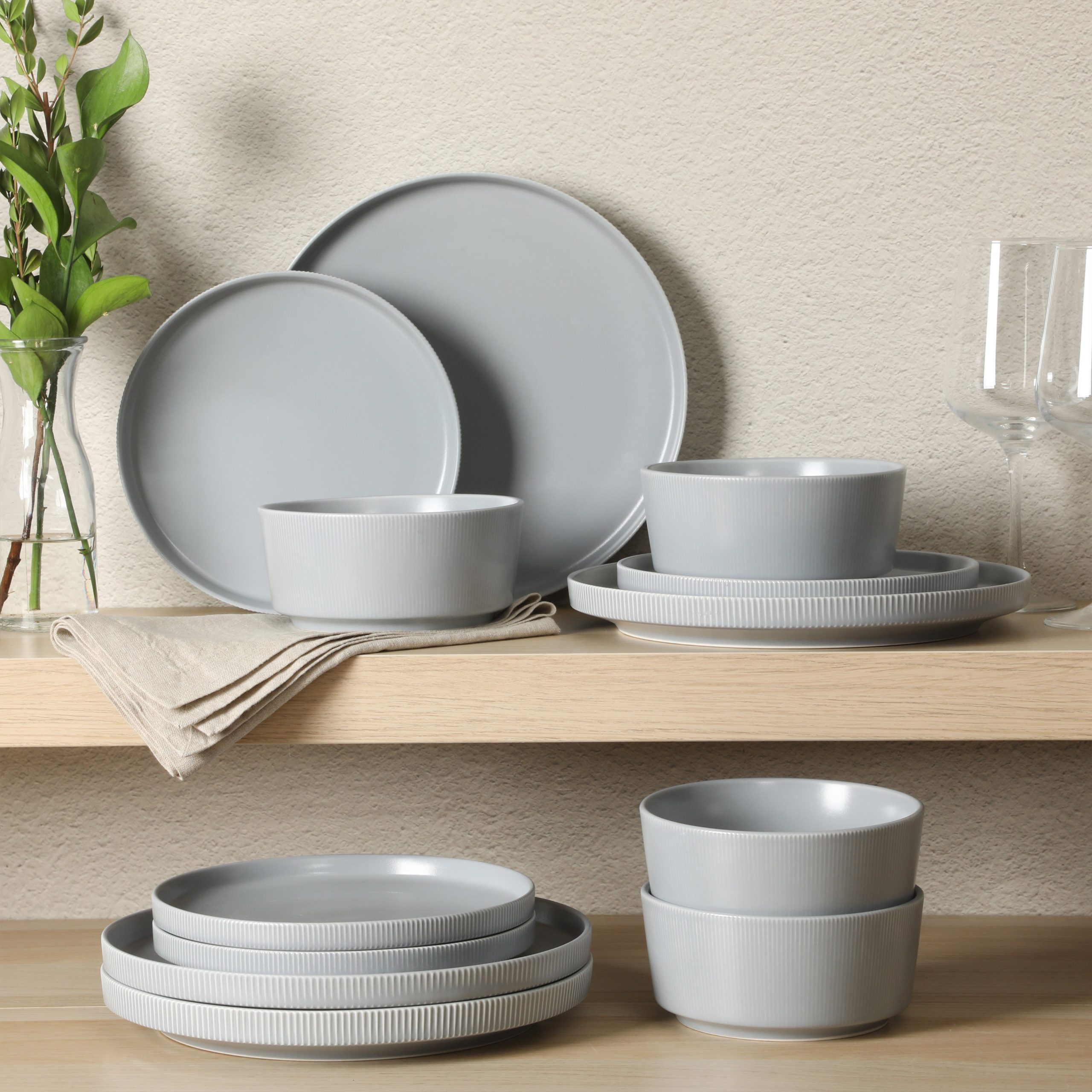 Gibson Home Dempsey Road 12-Piece Stoneware Dinnerware Set – Service for 4, Round Plates and Bowls, Durable Solid Color Modern Embossed Dish Set, Microwave & Dishwasher Safe - Image 11