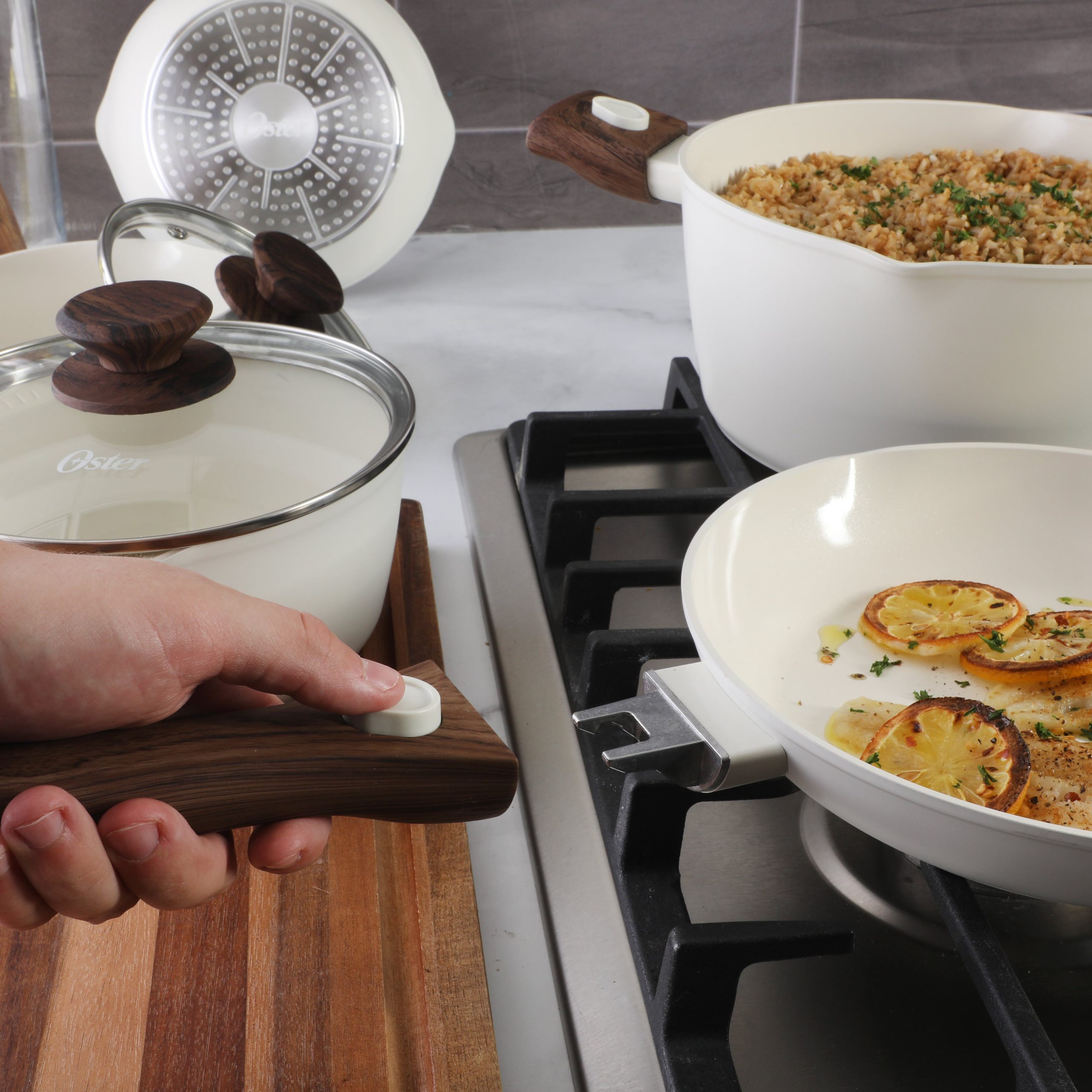 Oster SmartHandle Advance 18-Piece Ceramic Nonstick Cookware Set – Matte Linen Finish, Induction Base, Detachable Wood-Look Handles, Oven & Dishwasher Safe Pots and Pans, With Utensils & Pan Protectors - Image 4