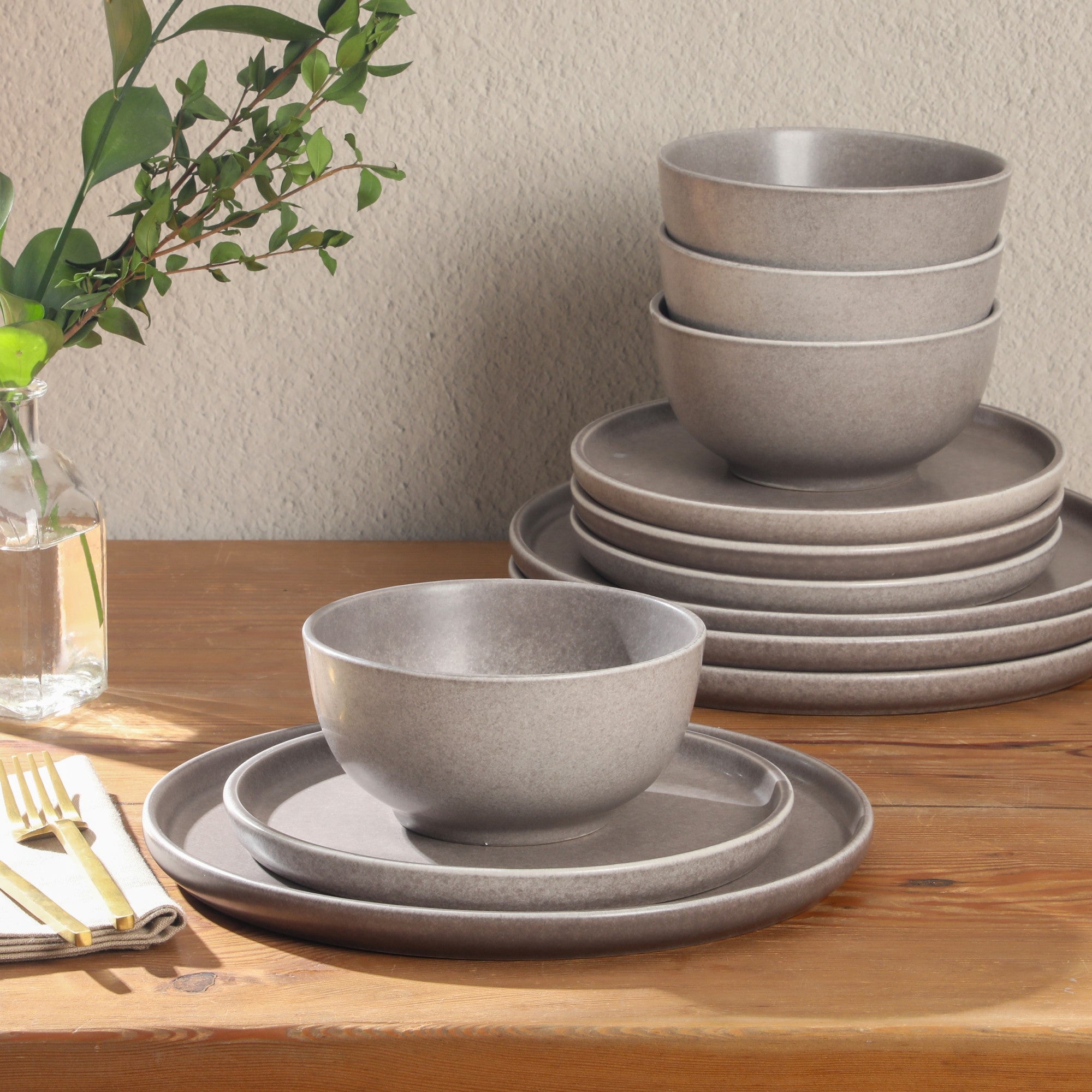 Gibson Elite Eden Rock 12-Piece (Service for 4) Plates and Bowls reactive Glaze Round Dishes Stoneware Ceramic Dinnerware Set - Matte Brown - Image 3