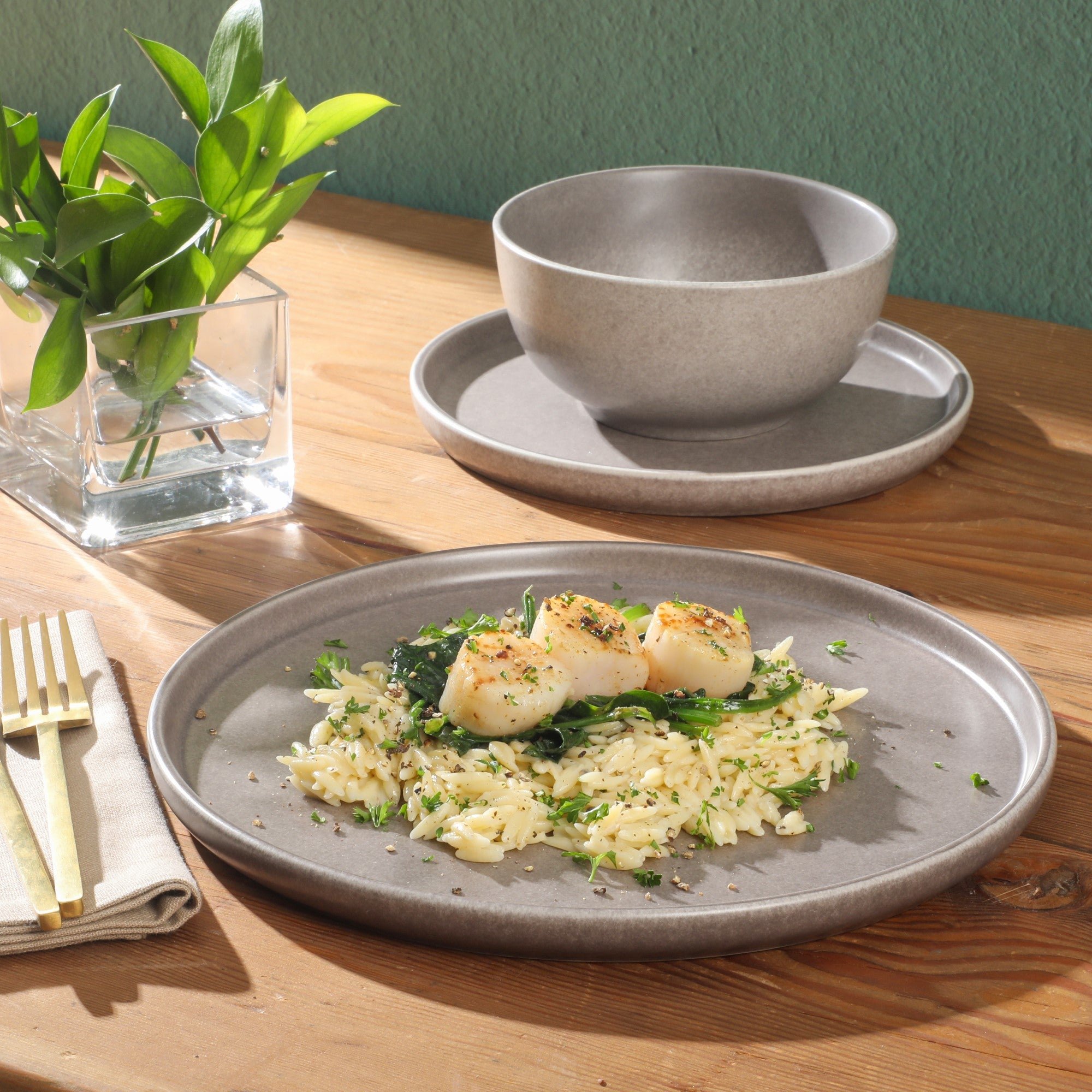 Gibson Elite Eden Rock 12-Piece (Service for 4) Plates and Bowls reactive Glaze Round Dishes Stoneware Ceramic Dinnerware Set - Matte Brown - Image 11