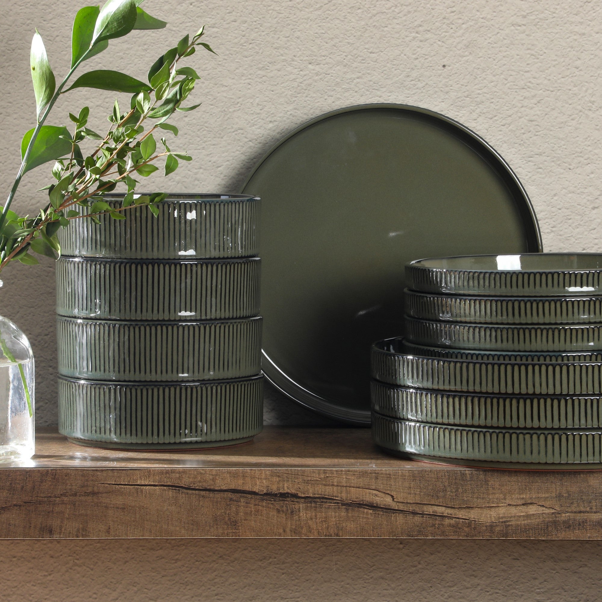 Gibson Elite Townscape 12 Piece (Service for 4) Plates and Bowls Reactive Glaze Embossed Round Dishes Terracotta Dinnerware Set - Image 3