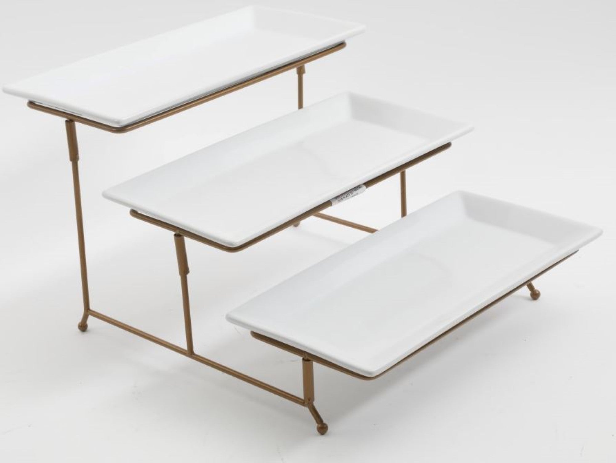 Gibson Home Gracious Dining Dinnerware, 3-Tier Rectangle Plate Serving Set with Gold Metal Stand, White - Image 4