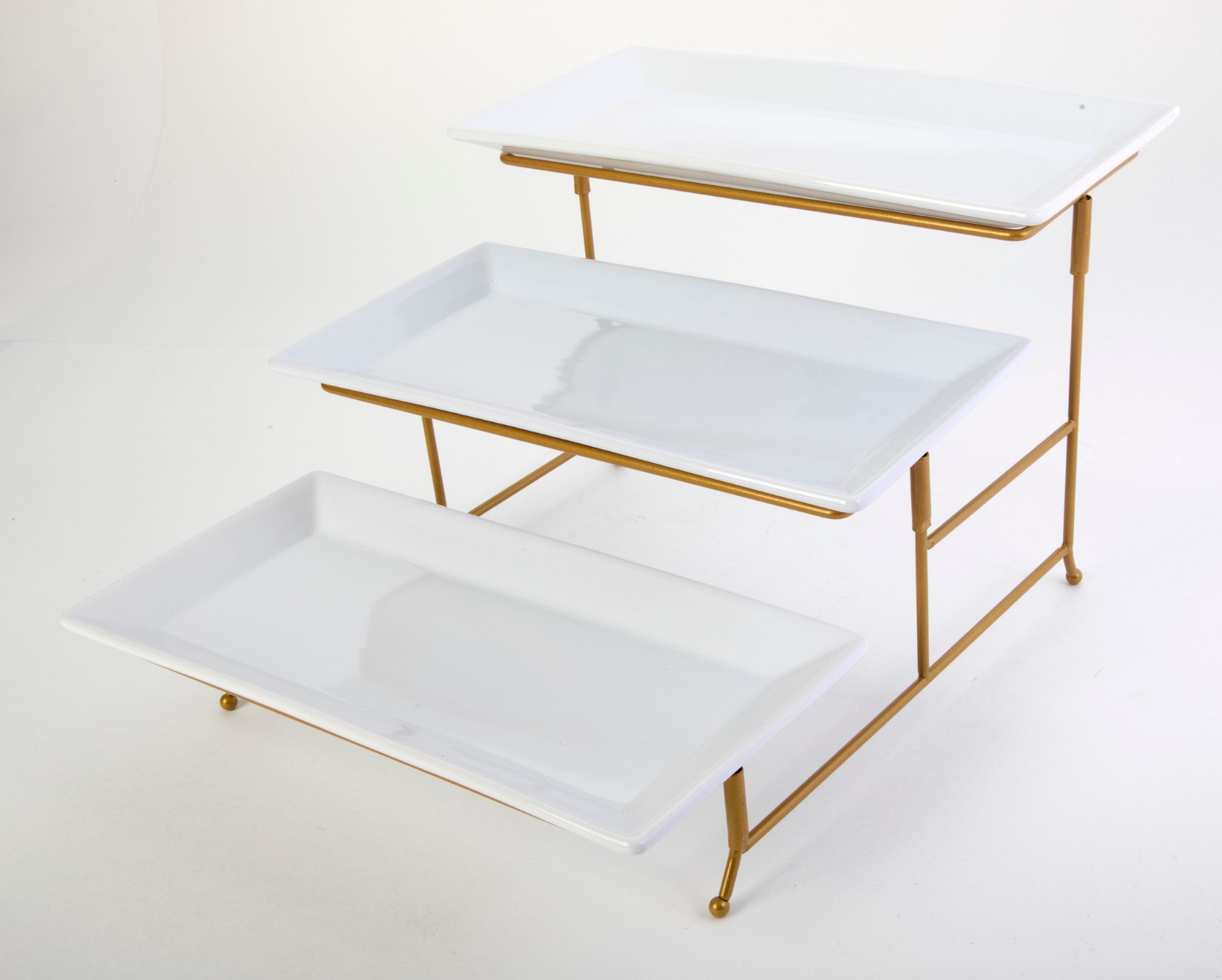 Gibson Home Gracious Dining Dinnerware, 3-Tier Rectangle Plate Serving Set with Gold Metal Stand, White - Image 6