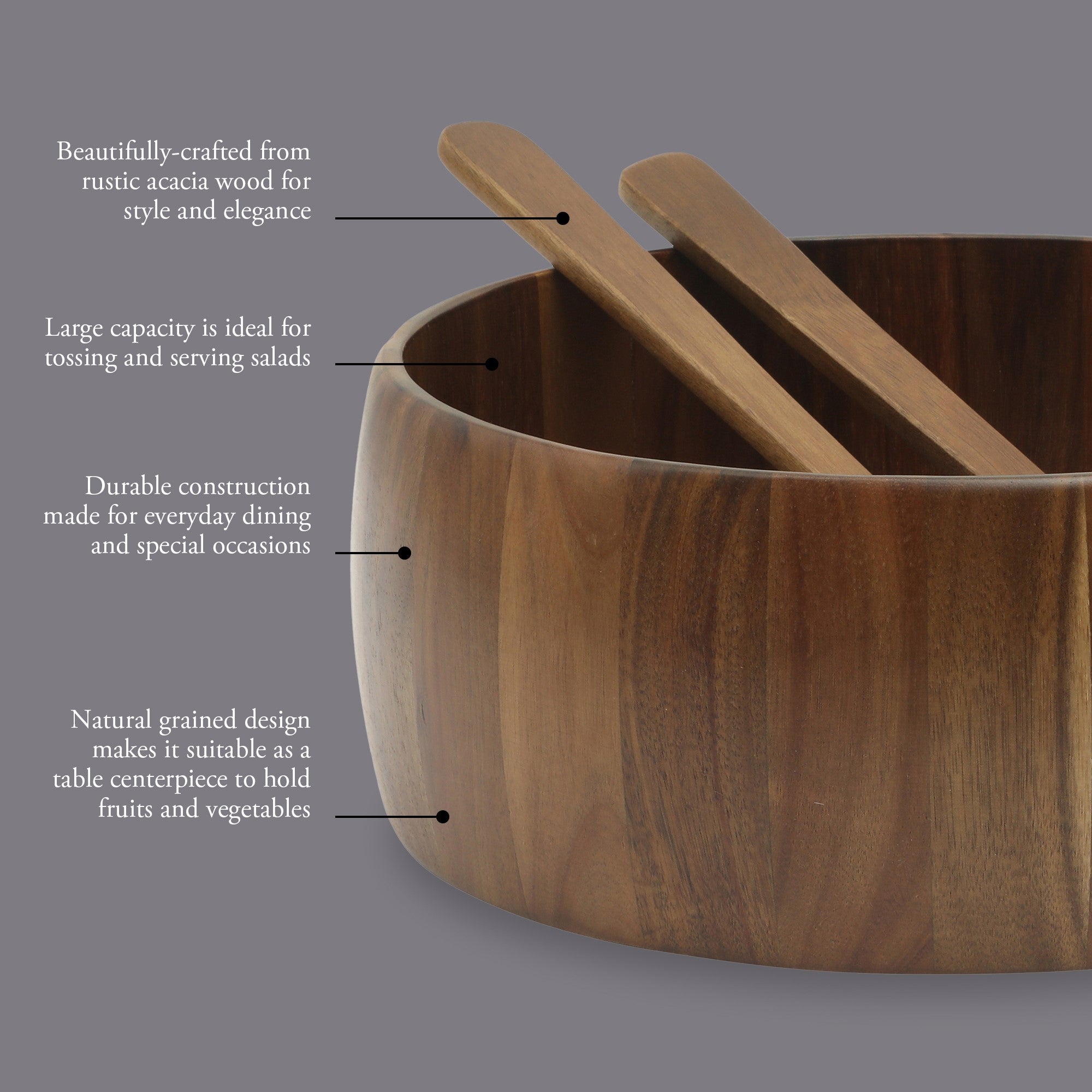 Gibson Home Laurelton 3 Piece Large 13" Acacia Wood Salad Serving Bowl Set w/ 2 Serving Tools - Image 7