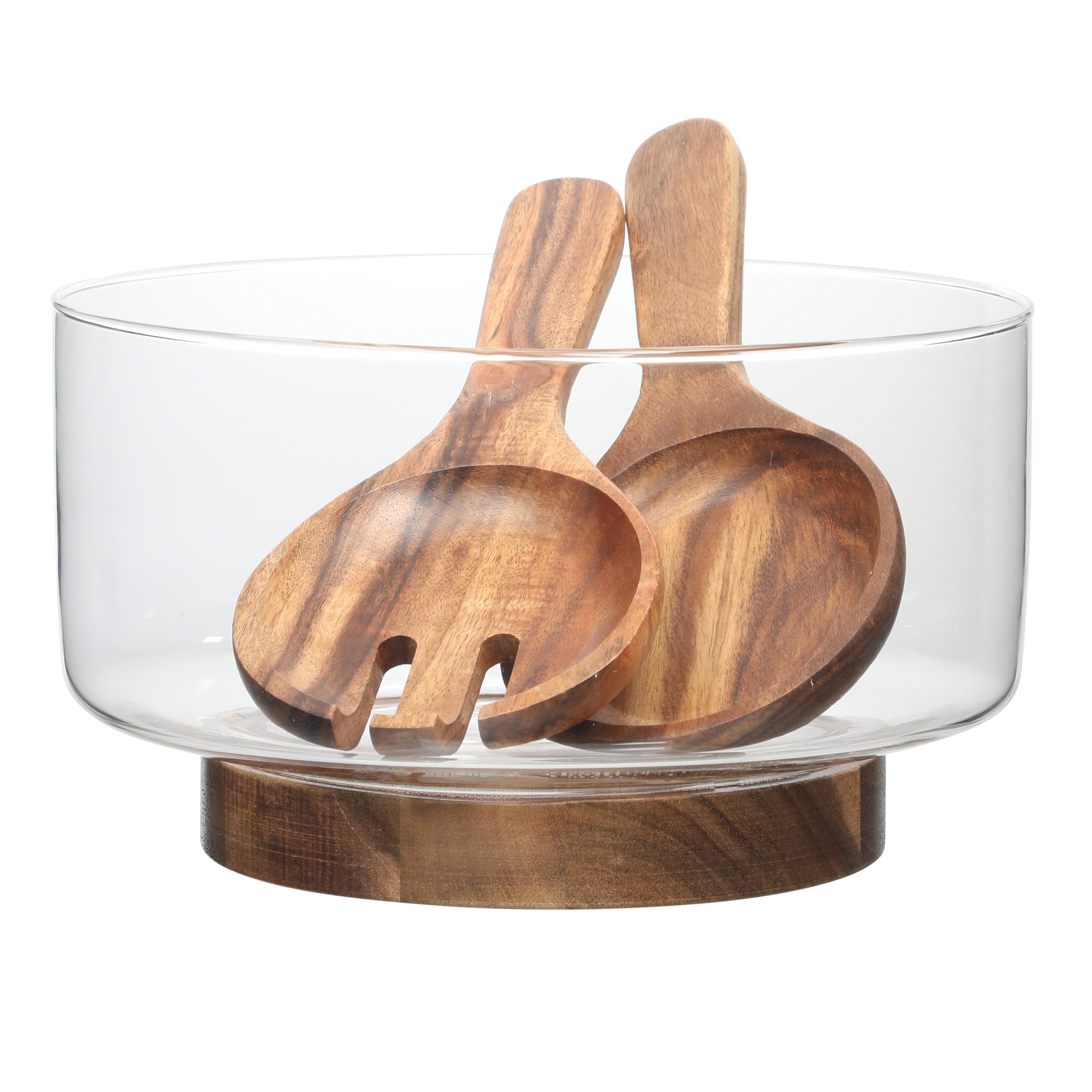 Gibson Elite Wildgreens Large Glass Salad Bowl Set with Acacia Serving Utensils - Image 2
