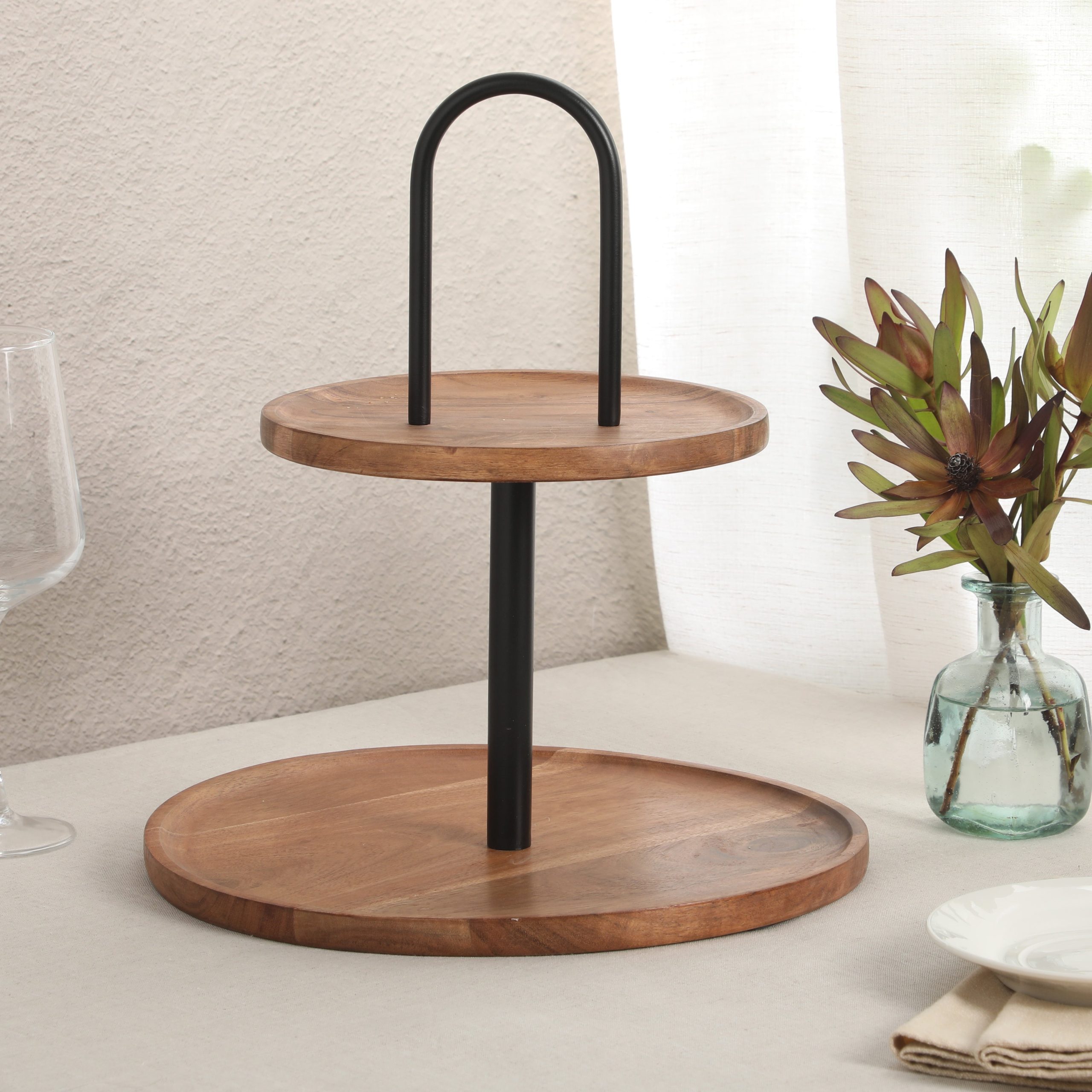 Gibson Home Gracious Dining 2-Tier Round Acacia Wood Serving Tray – Rustic Charcuterie Board Stand with Black Iron Handle – Tiered Party Platter, Dessert Display or Lazy Susan for Entertaining - Image 3