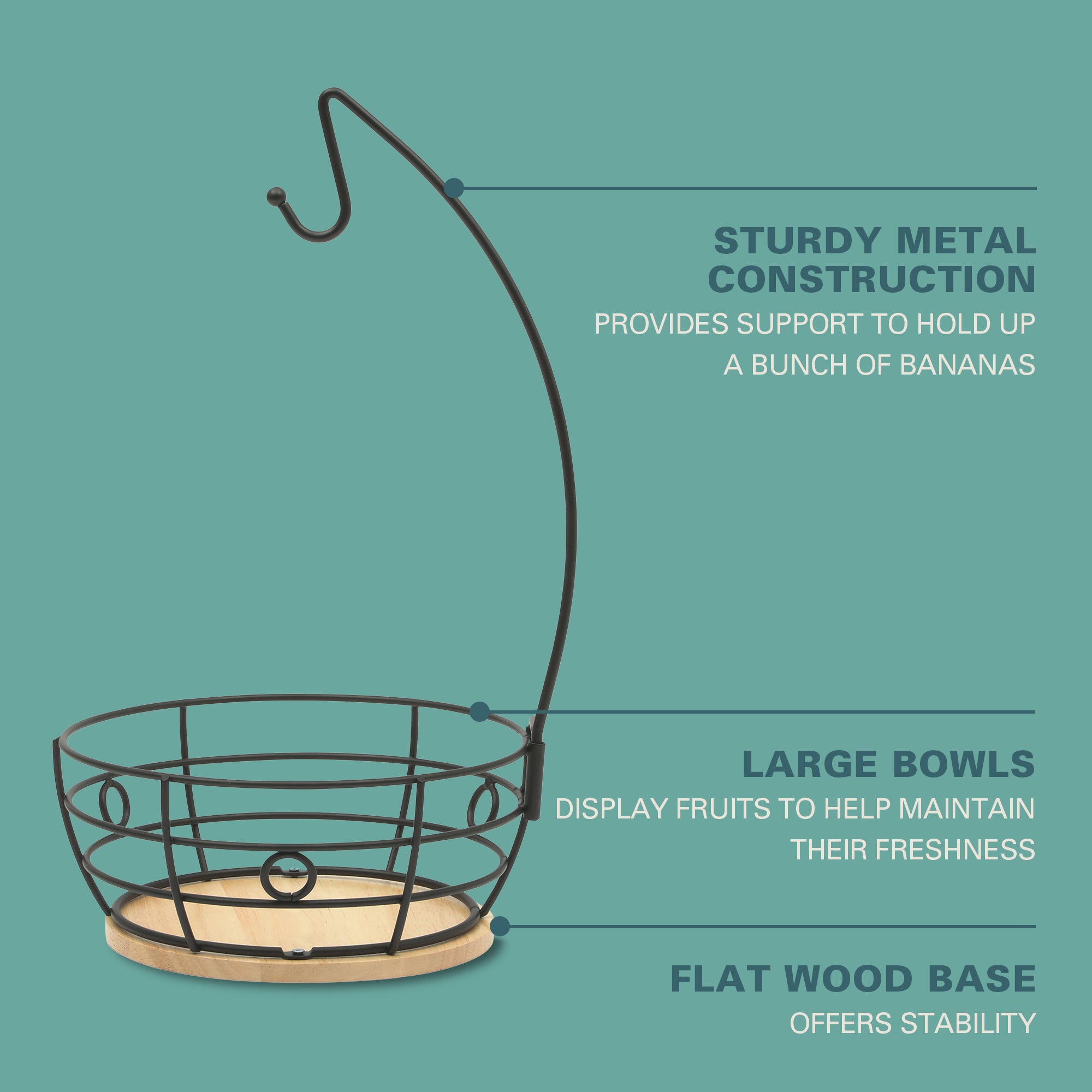 Gibson Home Harvest Season Fruit Basket Bowl with Banana Hanger – Black Metal Wire & Rubberwood Base – Countertop Produce Stand for Apples, Bananas, Oranges – Kitchen Storage Organizer - Image 3