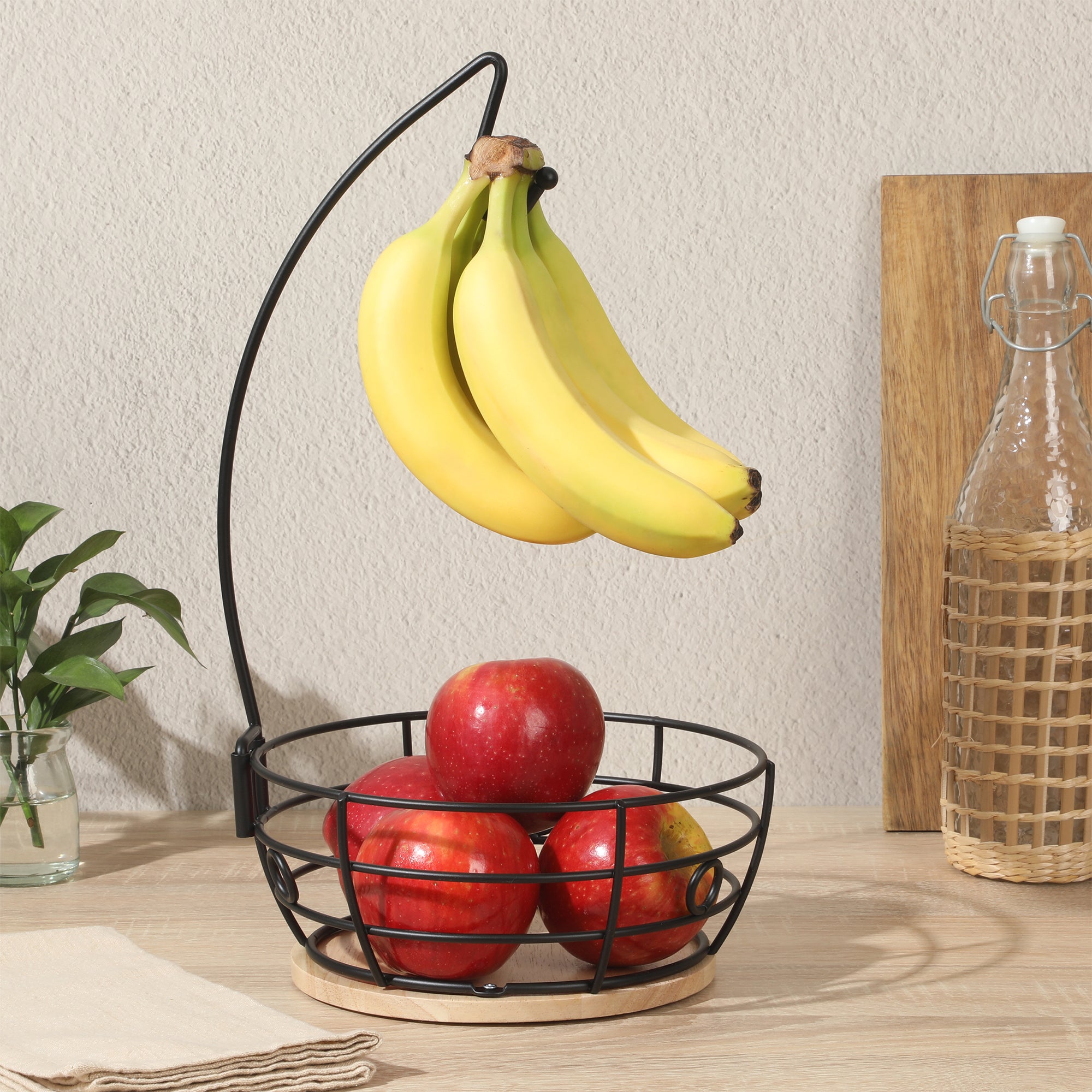 Gibson Home Harvest Season Fruit Basket Bowl with Banana Hanger – Black Metal Wire & Rubberwood Base – Countertop Produce Stand for Apples, Bananas, Oranges – Kitchen Storage Organizer - Image 4