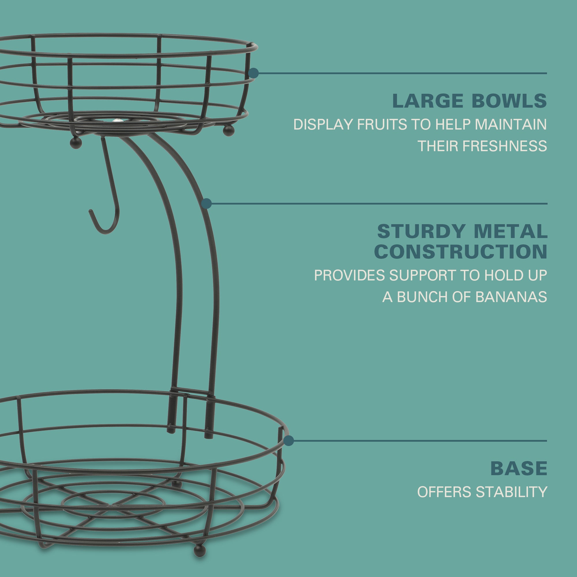 Gibson Home Harvest Season Two-Tier Fruit Basket with Banana Hanger – Black Metal Countertop Produce Stand – Kitchen Storage Organizer for Apples, Oranges, Bananas – Durable Iron Wire Frame - Image 3