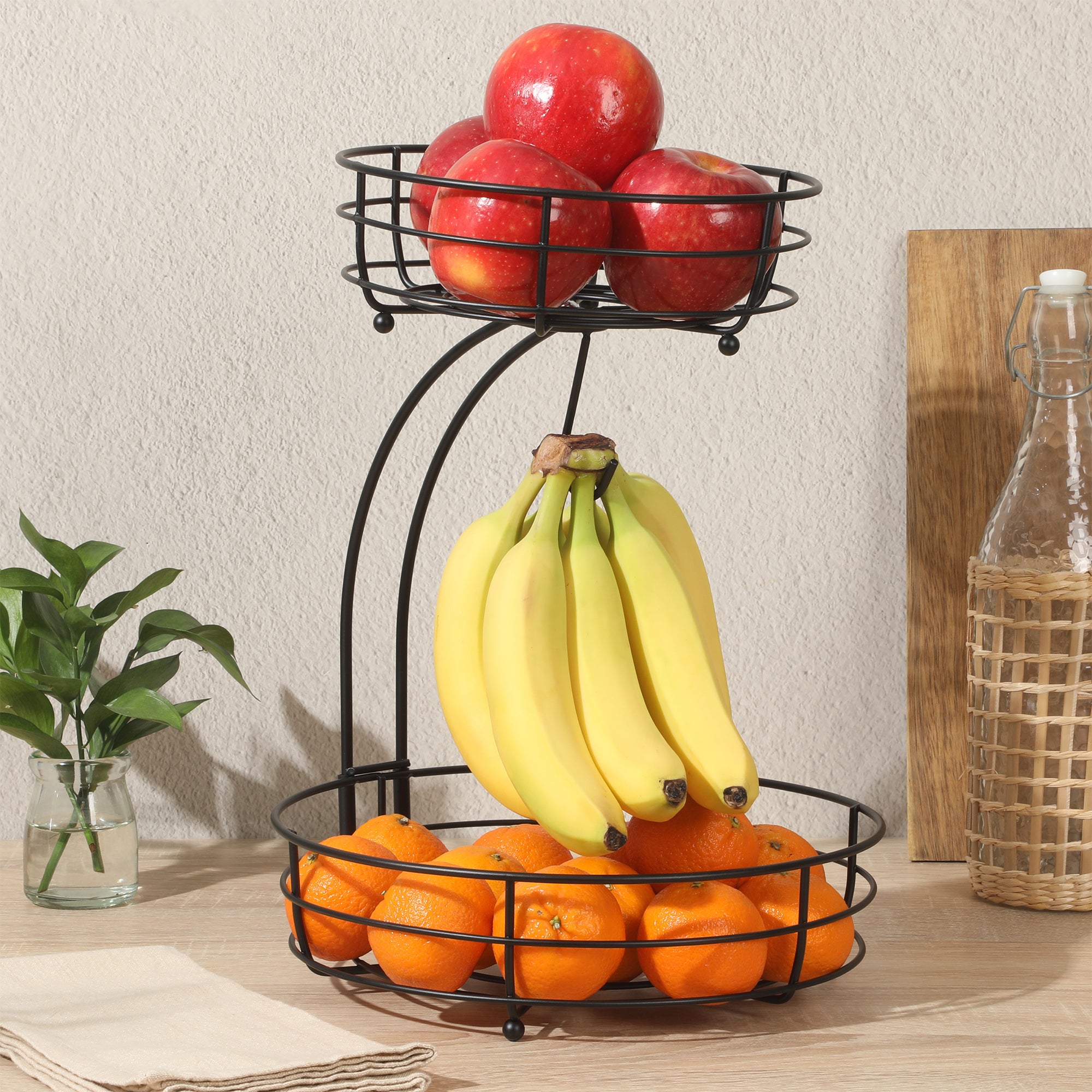 Gibson Home Harvest Season Two-Tier Fruit Basket with Banana Hanger – Black Metal Countertop Produce Stand – Kitchen Storage Organizer for Apples, Oranges, Bananas – Durable Iron Wire Frame - Image 4