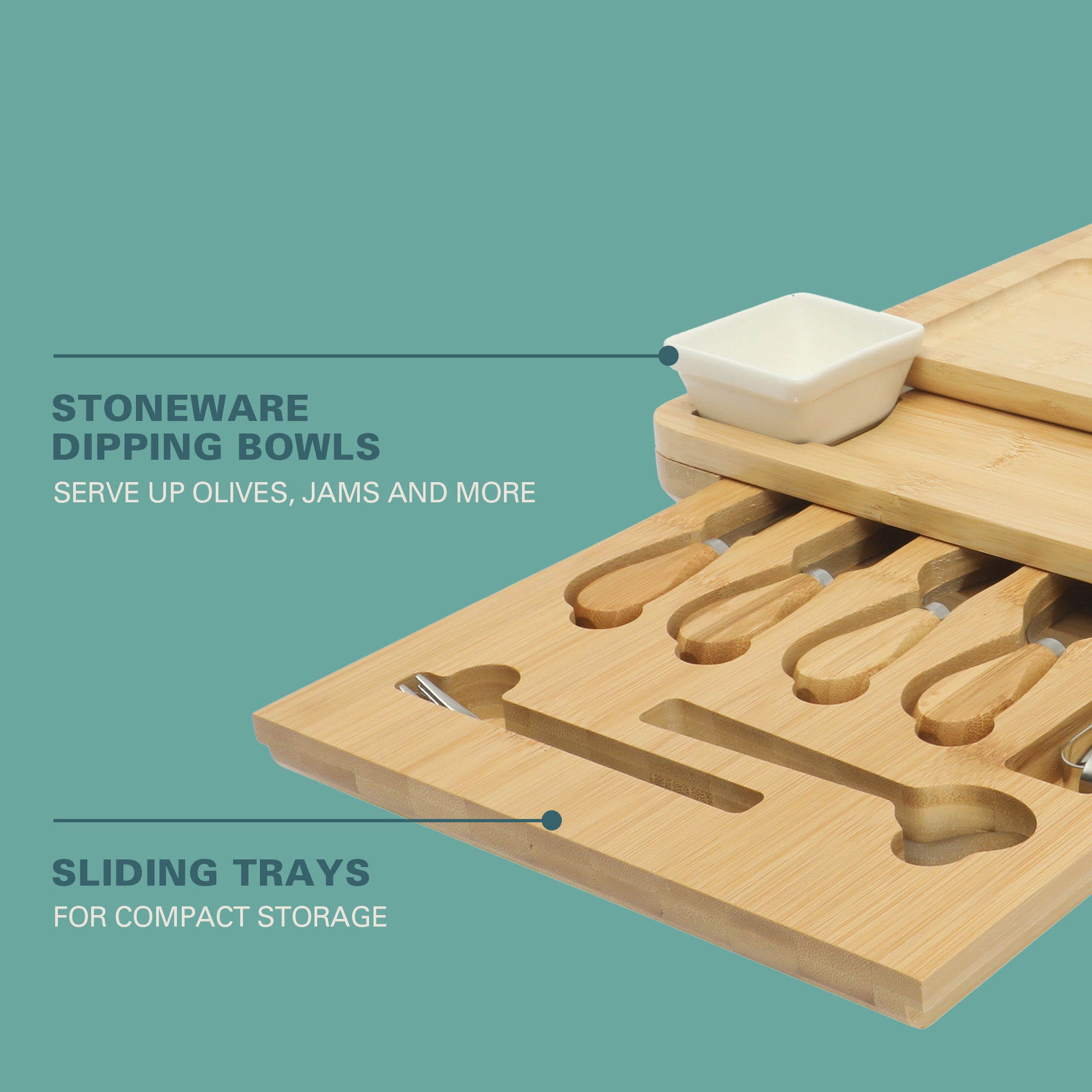Gibson Home Rustic Inspirations 18-Piece Bamboo Charcuterie Board Set for Serving – Large Cheese & Fruit Tray with Hidden Drawer, Ceramic Bowls, Utensils – Gift for Entertaining, Housewarming, Holidays - Image 5