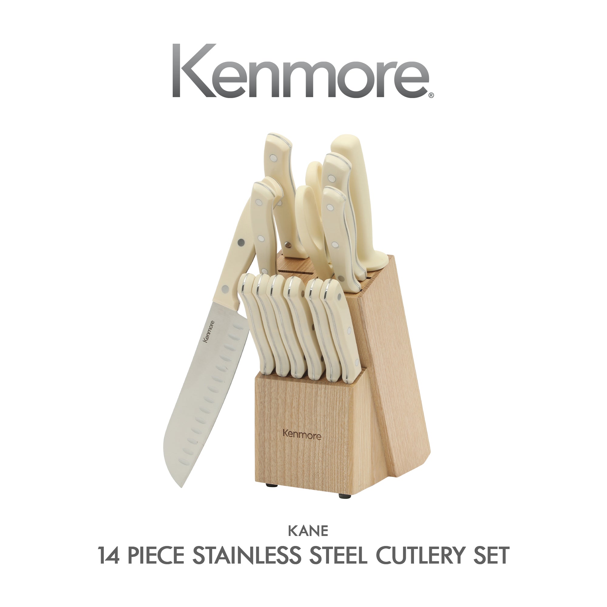 Kenmore Kane 14-Piece Cutlery Set w/ Rubber Coated Wood Knife Block - Image 12