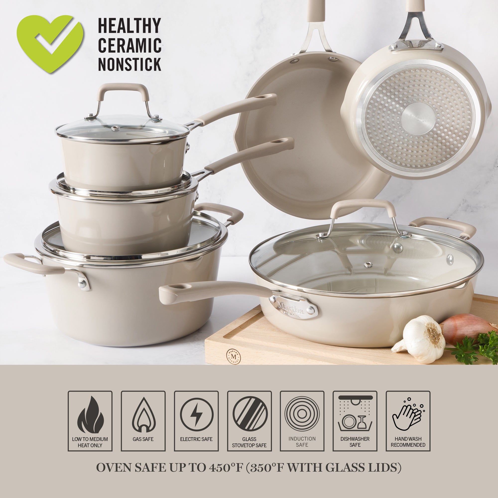 Martha Stewart Heathland Premium Nonstick PFA Free Ceramic Interior 10-Piece Tapered Aluminum Cookware Set - Linen White - Image 14