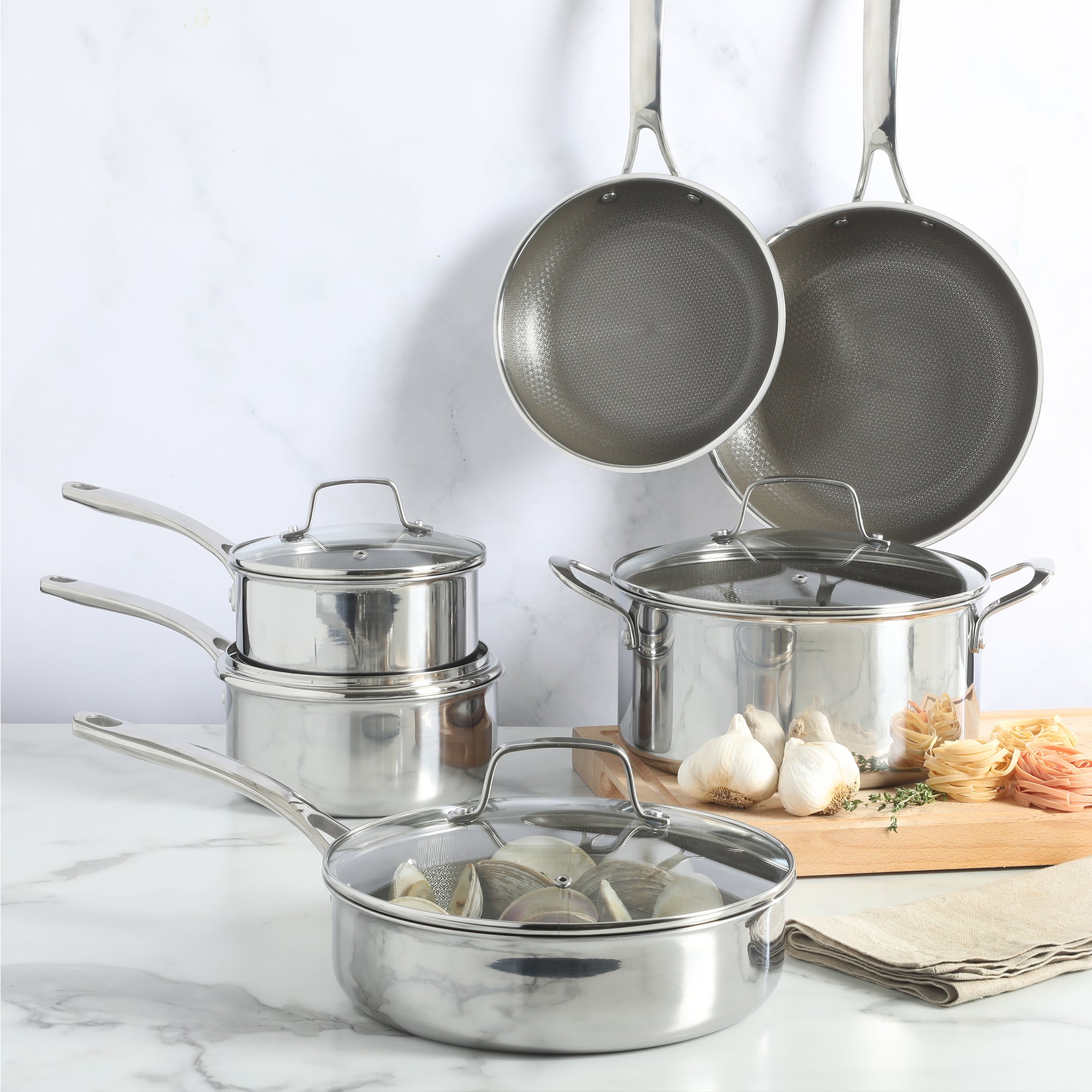Martha Stewart Badgley Hybrid Nonstick 10 Piece TriPly Stainless Steel Pots and Pans Non-Toxic Kitchen Cookware Set - Laser Etched Non-Toxic Nonstick W/ Stay Cool Handle - Dishwasher and Induction Safe - Image 6