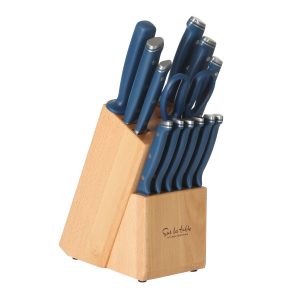 Sur La Table Kitchen Essentials 14 Piece Cutlery Set, German Steel Forged Knives, Beech Wood Block, Chef, Santoku, Bread, Steak Knives, Shears & Sharpener - Blue