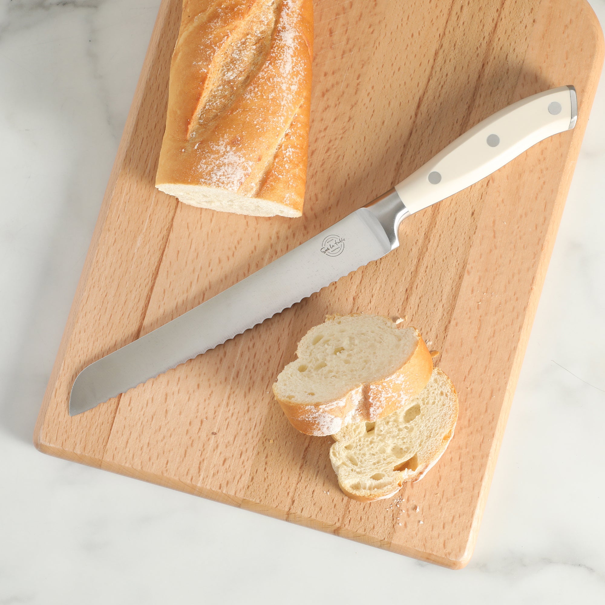 Sur La Table Kitchen Essentials Tasting Kitchen German Steel Bread Knife, 8-Inch Stainless Steel Blade – Professional Kitchen Knife with White Handle and Forged Full Tang - Image 2