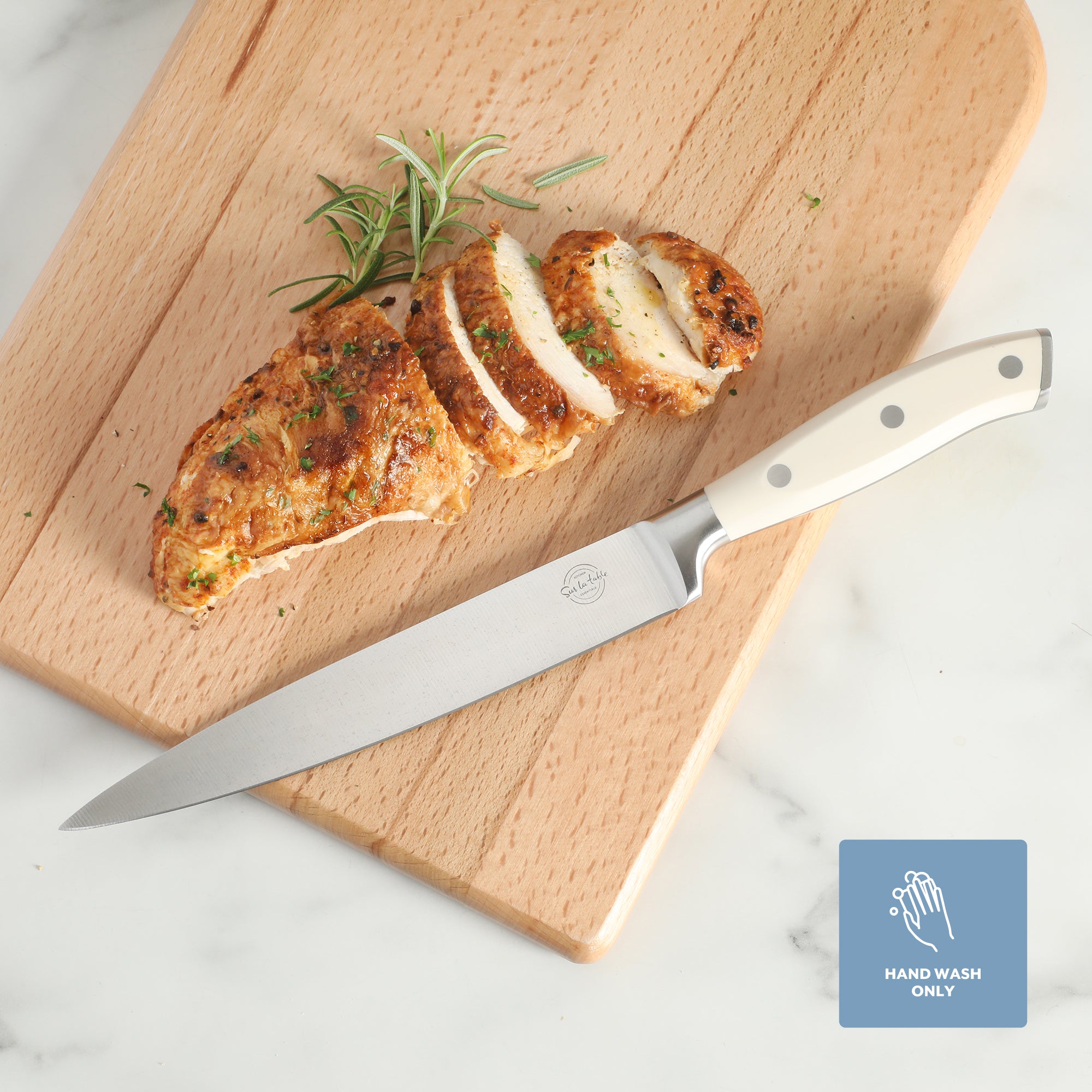 Sur La Table Kitchen Essentials Tasting Kitchen German Steel Slicer Knife, 8-Inch Stainless Steel Blade – Professional Kitchen Knife with White Handle and Forged Full Tang - Image 6
