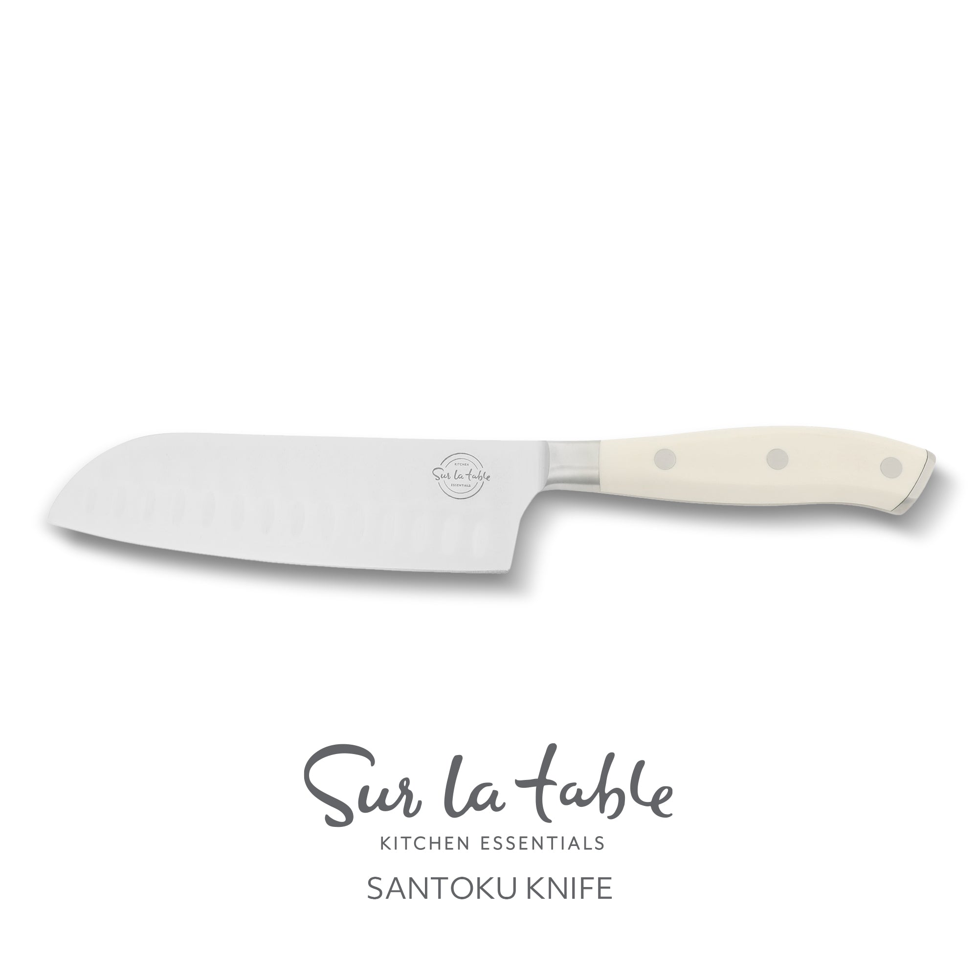 Sur La Table Kitchen Essentials Tasting Kitchen German Steel Santoku Knife, 7-Inch Stainless Steel Blade – Professional Kitchen Knife with White Handle and Forged Full Tang - Image 3