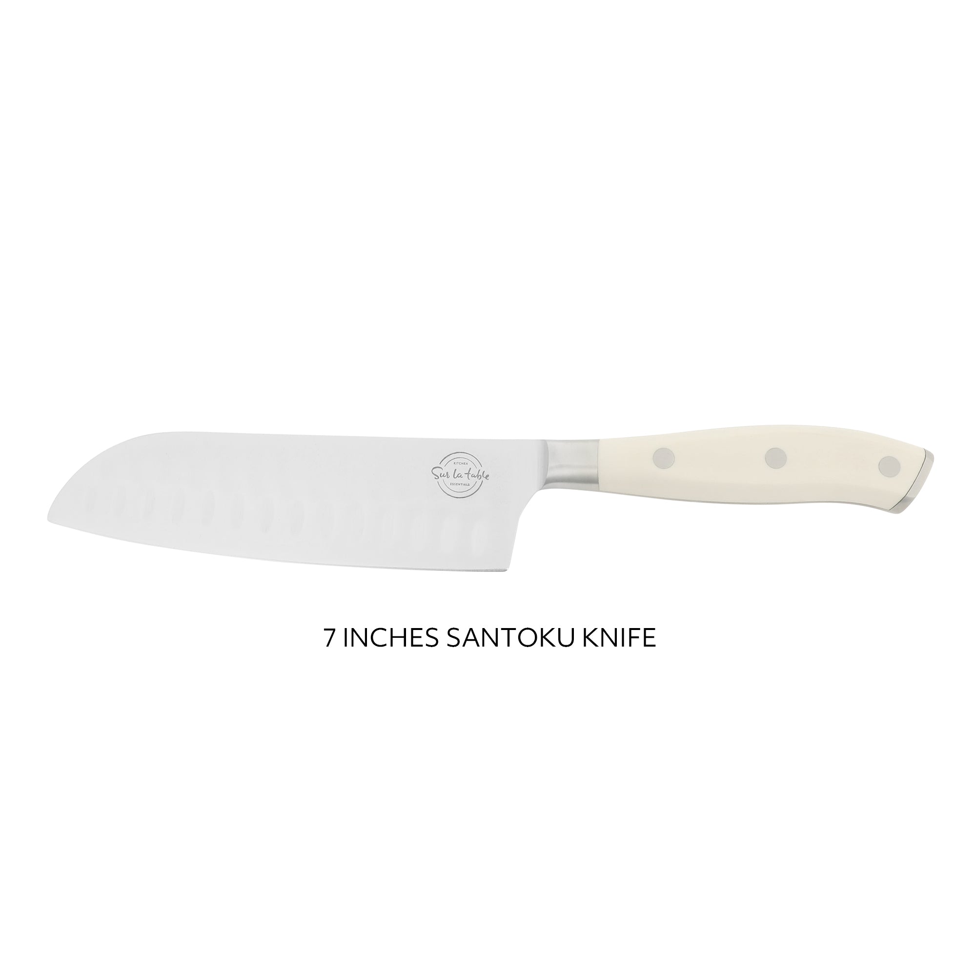 Sur La Table Kitchen Essentials Tasting Kitchen German Steel Santoku Knife, 7-Inch Stainless Steel Blade – Professional Kitchen Knife with White Handle and Forged Full Tang - Image 4