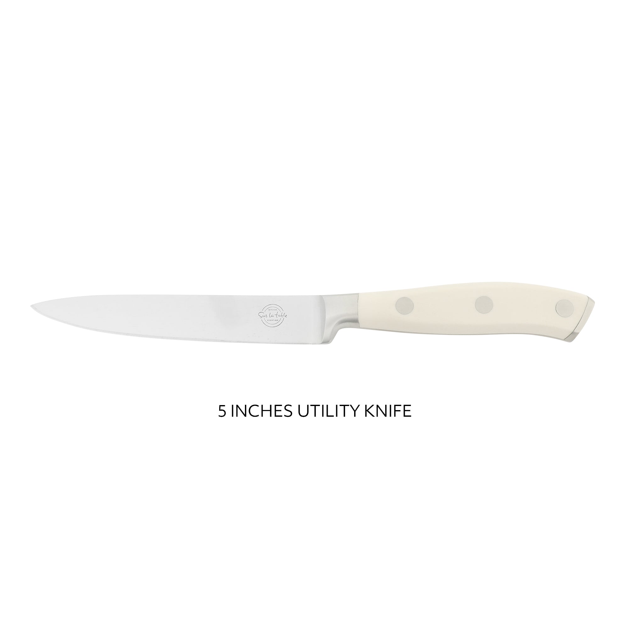 Sur La Table Kitchen Essentials Tasting Kitchen German Steel Utility Knife, 5-Inch Stainless Steel Blade – Professional Kitchen Knife with White Handle and Forged Full Tang - Image 4