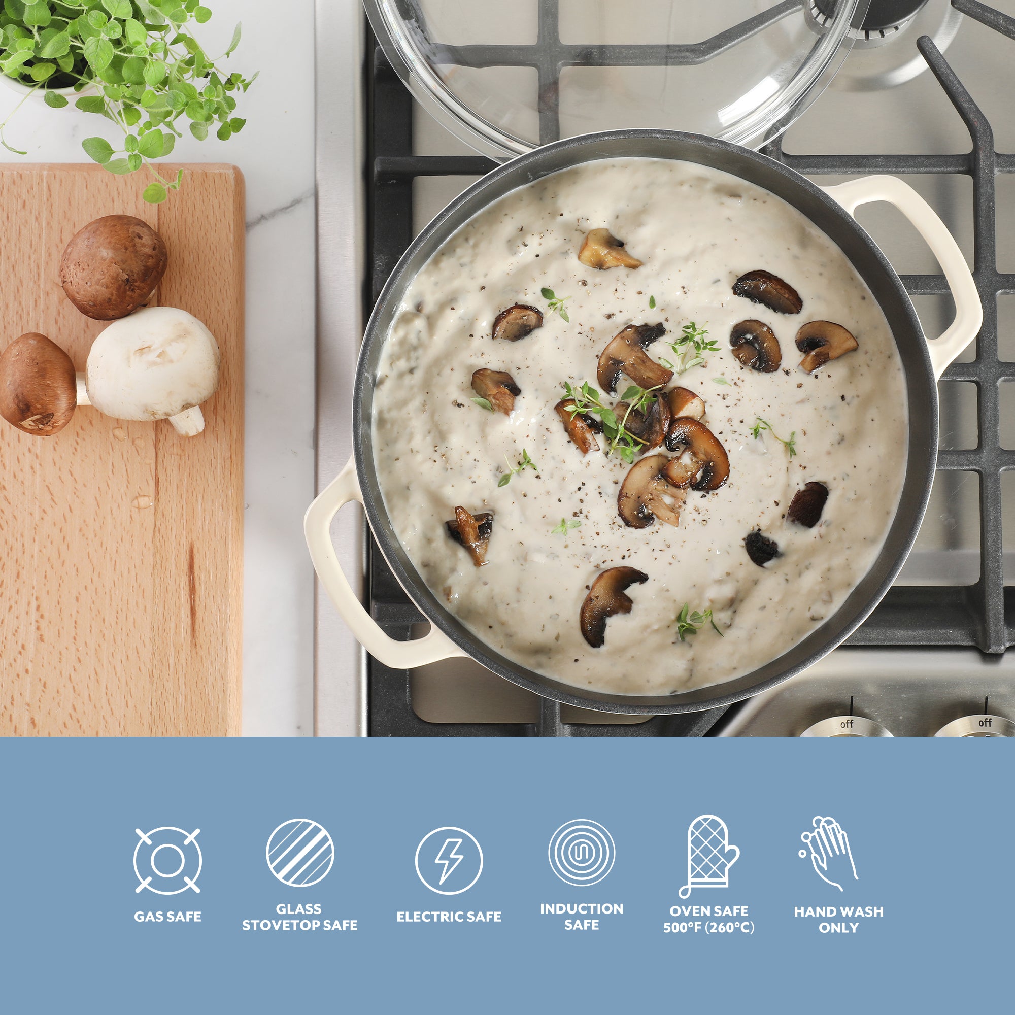 Sur La Table Kitchen Essentials Supper Club 5-Quart Enamel-Coated Cast Iron Dutch Oven Pot with Oven Safe Glass Lid, Oven-to-Table Cookware for Bread, Soups, Stews & Braising - Image 7