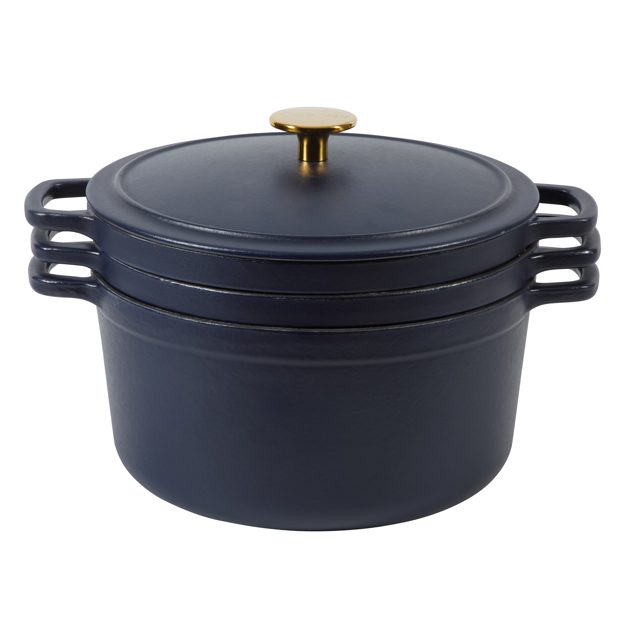 Sur La Table Kitchen Essentials 4-Piece Enameled Cast Iron Stackable Cookware Set, 5.3 Qt Dutch Oven with Lid, Braiser & Grill Pan, Navy Blue, Gold Knob Oven Safe to 500°F, Induction Compatible - Image 10