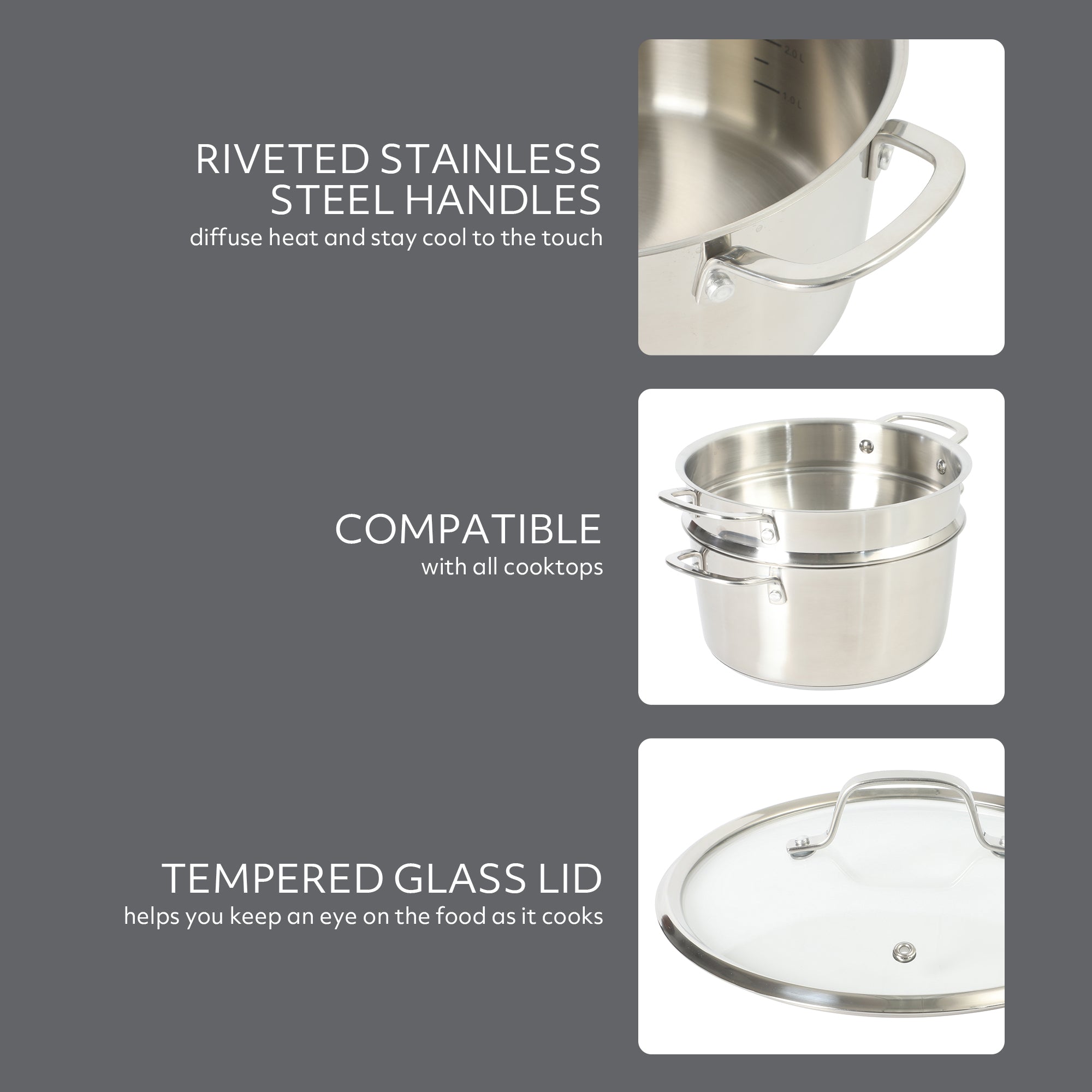 Sur La Table Kitchen Essentials Chef's Deck 3-Piece 5.3-Quart Stainless Steel Dutch Oven with Steamer Insert & Glass Lid – Induction Ready, Tri-Ply Base, Polished Finish & Hollow Stay-Cool Handles - Image 6