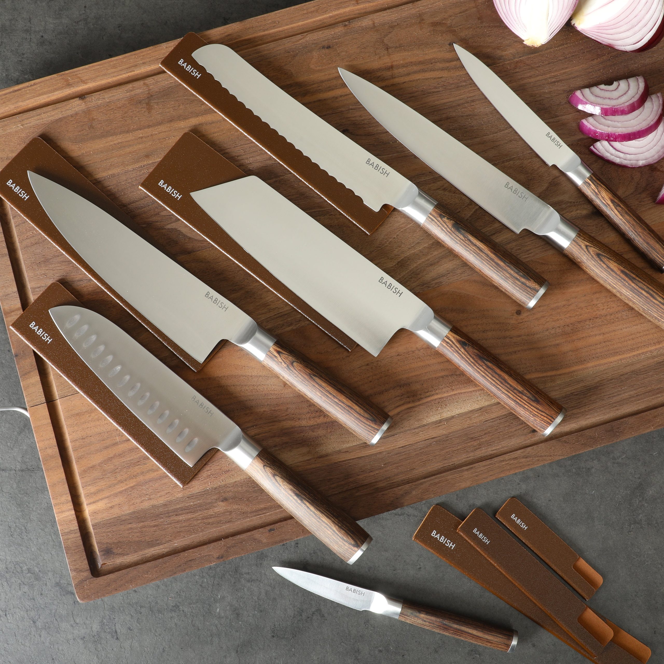 Babish 14-Piece Full Tang Forged Light/Dark Pakka Wood Kitchen Knife Set – High-Carbon 1.4116 German Steel Cutlery with Protective Sheaths – Professional Chef Knife Set - Image 9