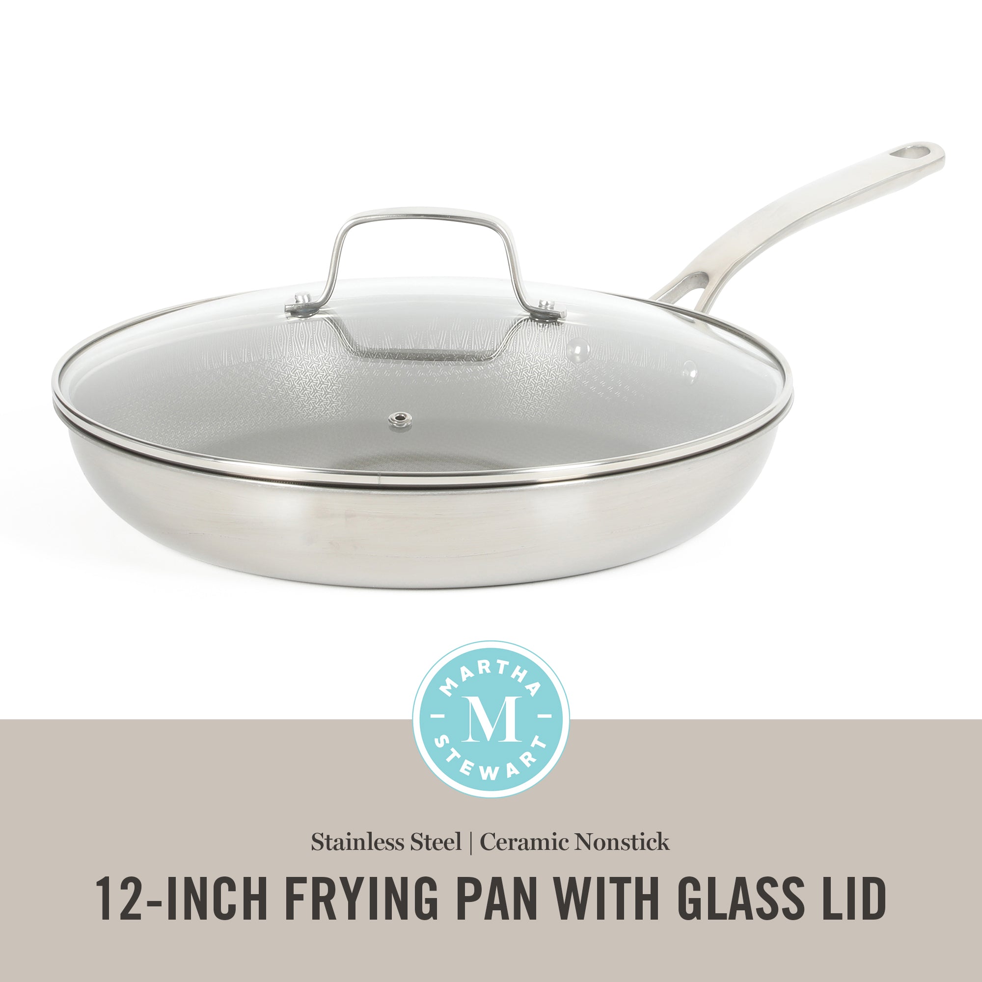 Martha Stewart Badgley Hybrid Nonstick 12 Inch TriPly Stainless Steel Large Fry Pan With Lid & Stay Cool Handle - Laser Etched Non-Toxic Nonstick Skillet - Dishwasher and Induction Safe - Image 2
