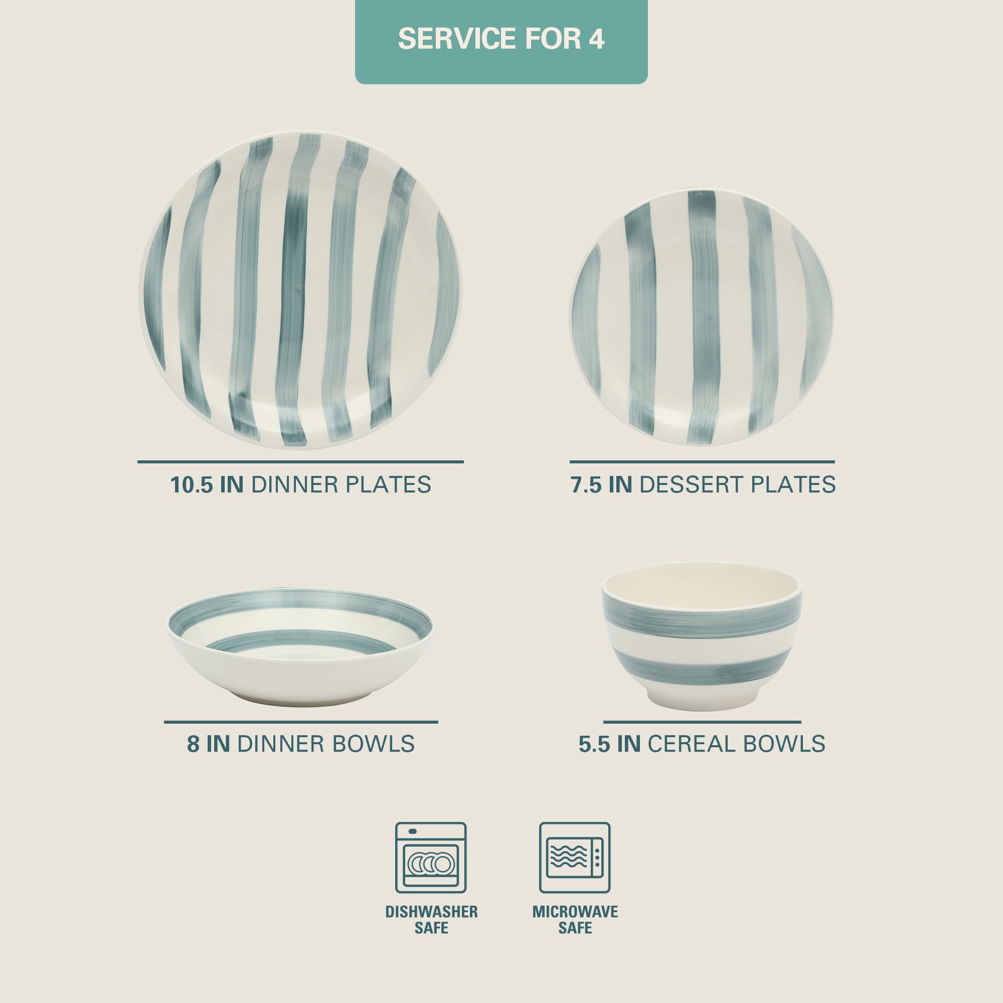 Gibson Home Kenwood Shores 16 Piece Dinnerware Set, Striped, Stoneware, Hand-Painted Plates and Bowls, Service for 4, Microwave & Dishwasher Safe - Image 13