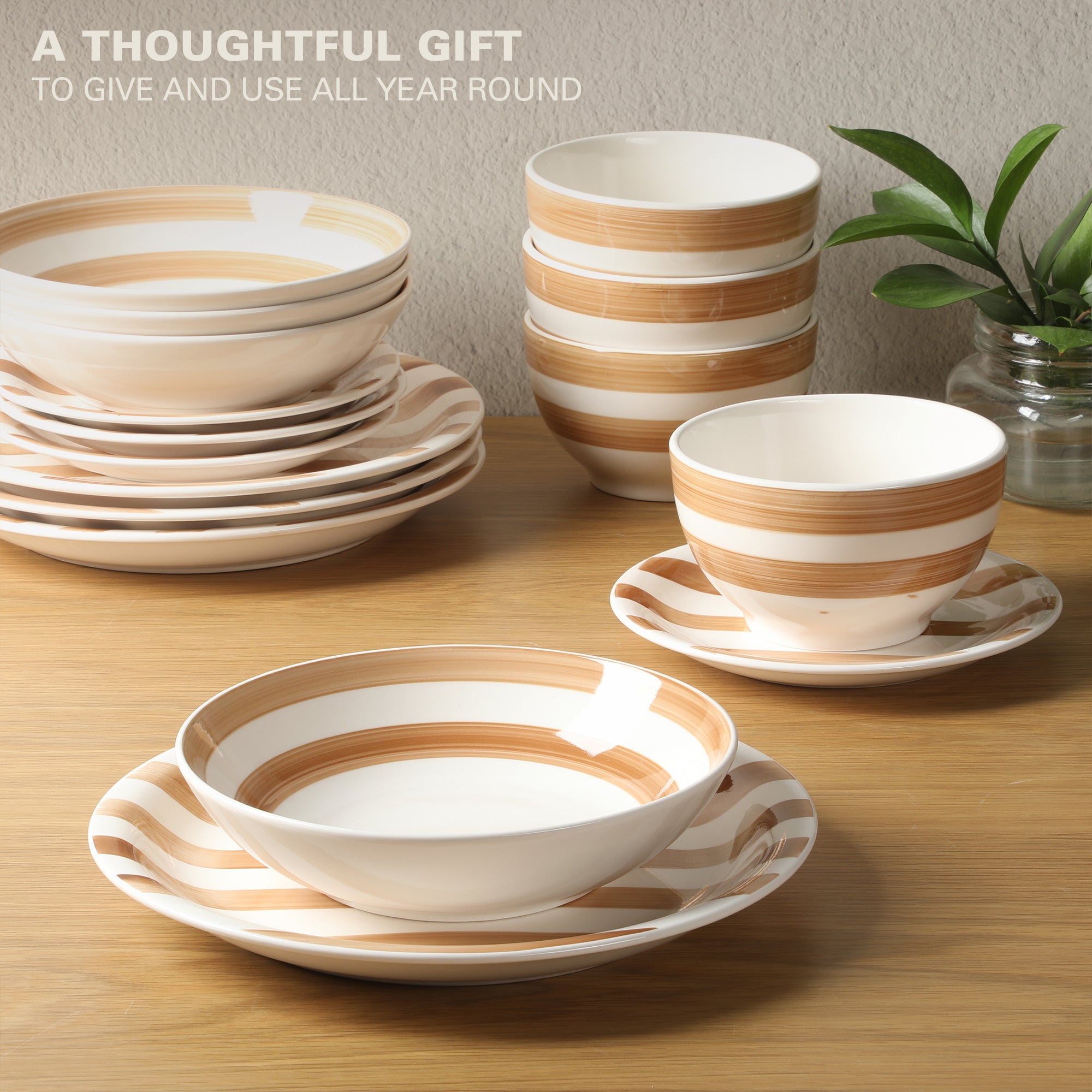 Gibson Home Kenwood Shores 16 Piece Dinnerware Set, Striped, Stoneware, Hand-Painted Plates and Bowls, Service for 4, Microwave & Dishwasher Safe - Image 5