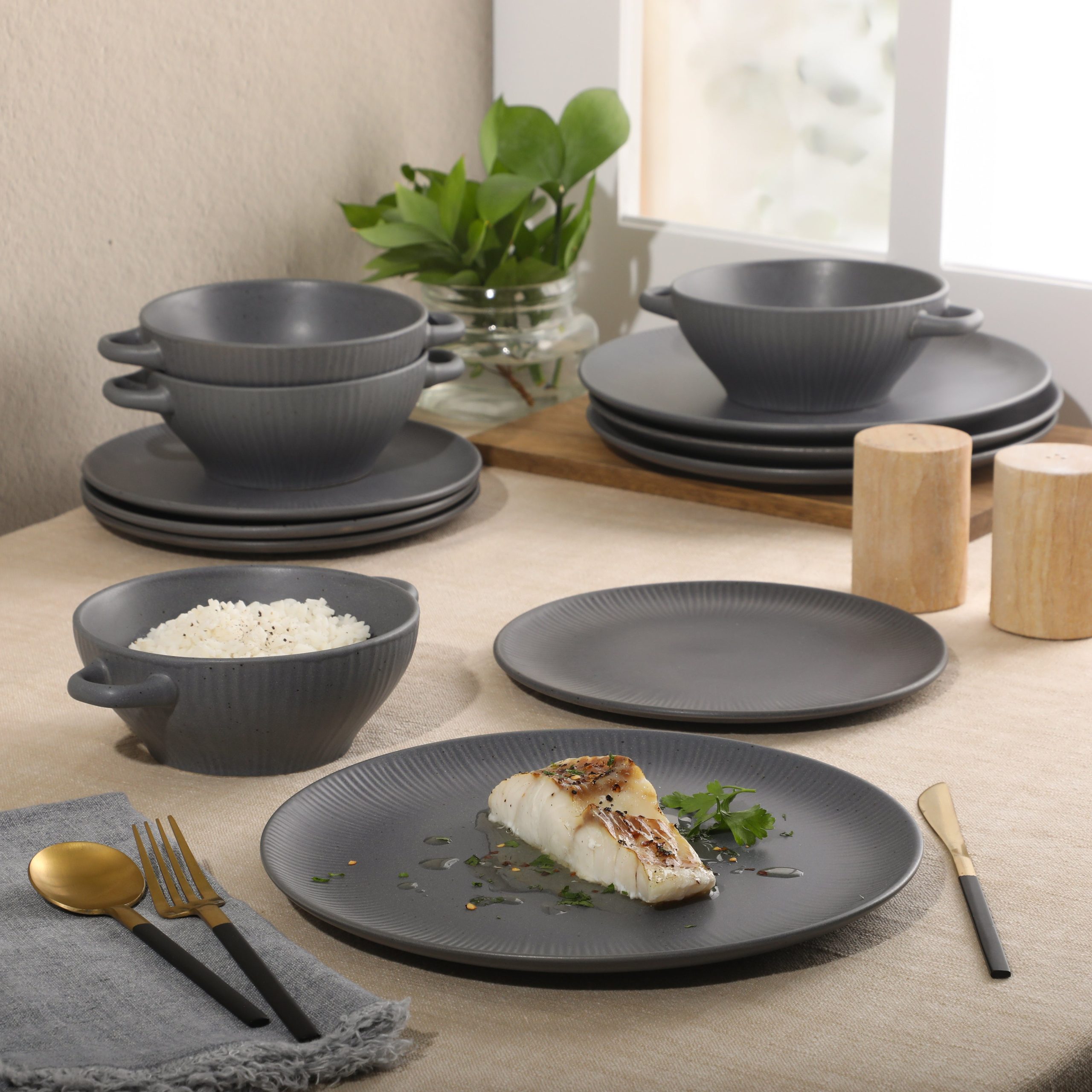 Gibson Elite Clover Hill 12-Piece Stoneware Dinnerware Set – Embossed Plates and Bowls with Matte Speckled Reactive Glaze, Service for 4 – Microwave & Dishwasher Safe - Image 2