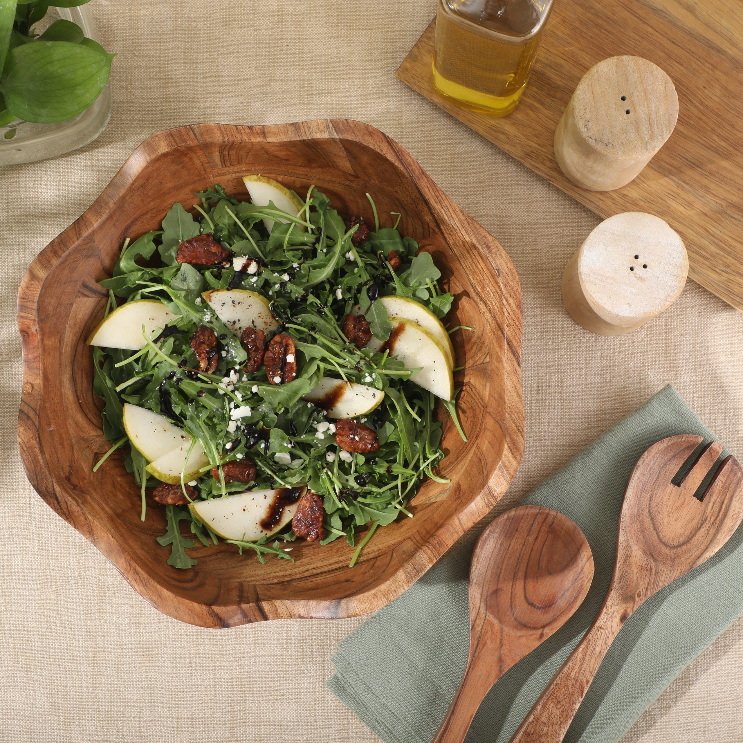 Gibson Home Sandhurst 3-Piece Acacia Wood Salad Bowl Set – 12-Inch Scalloped Serving Bowl with Wooden Salad Servers – Natural Rustic Finish for Dining, Entertaining, or Gifting - Image 3
