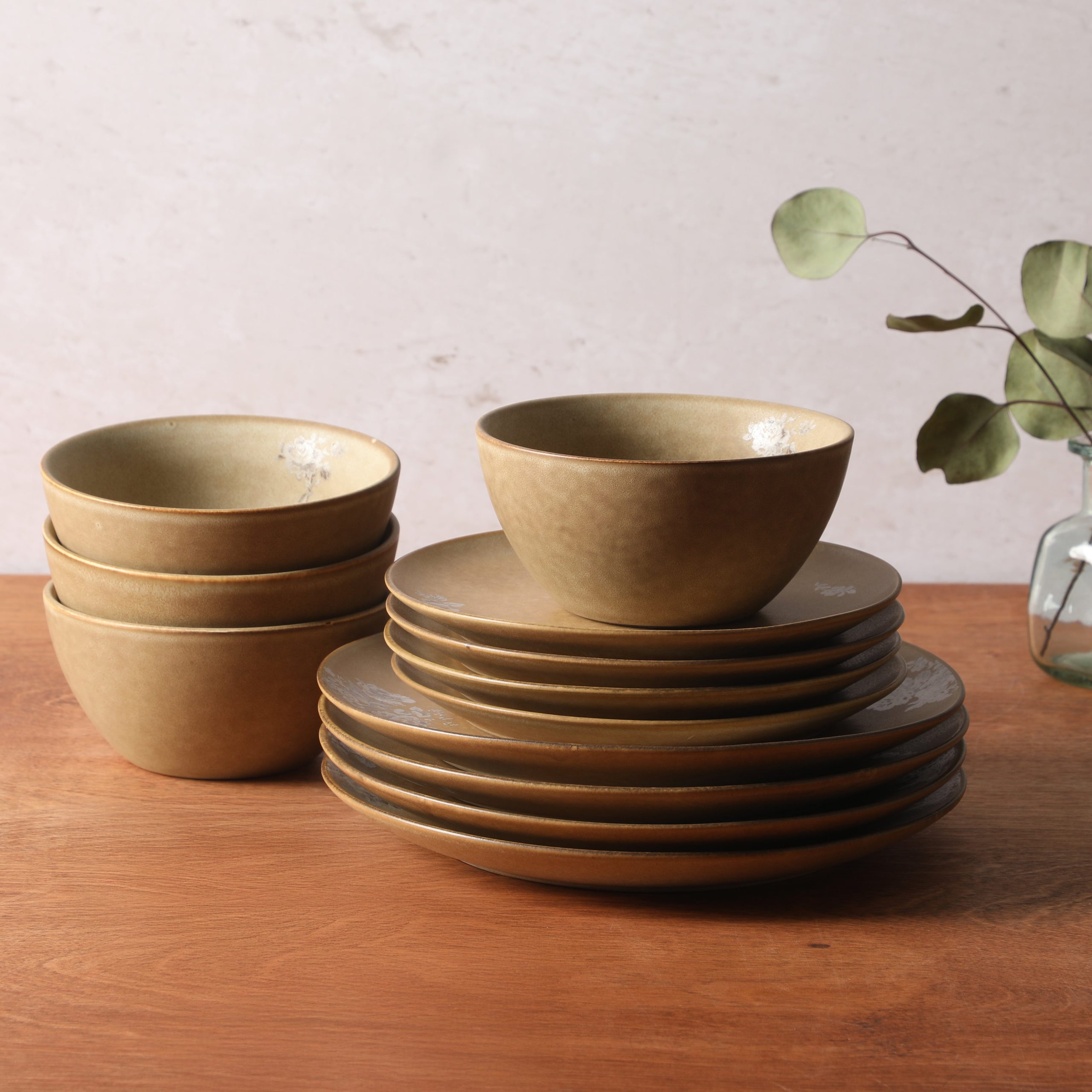 Gibson Elite Valencia Bloom 12 Piece Plates and Bowls Dinnerware Set - Taupe with Floral Decal Dishes - Microwave and Dishwasher Safe - Image 5