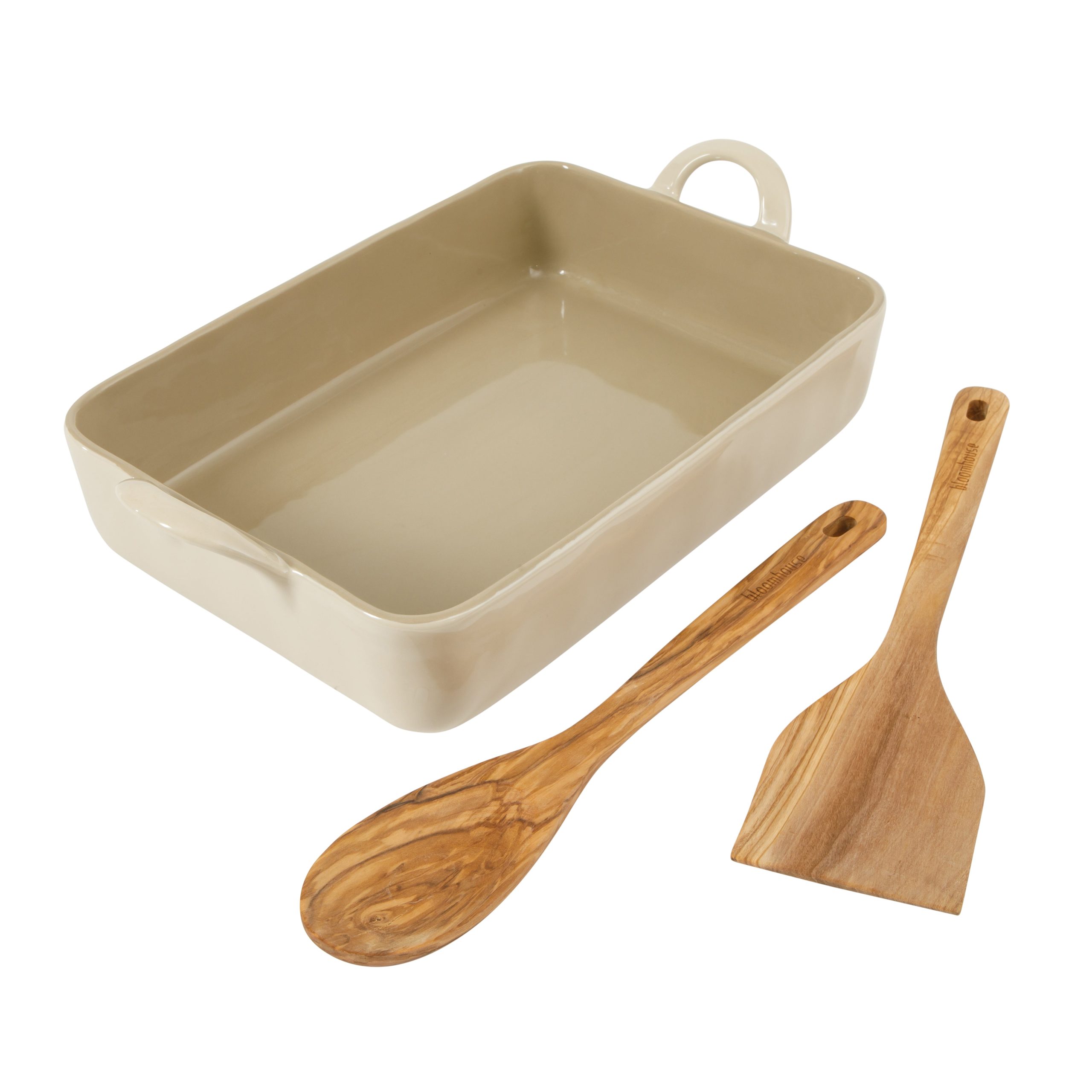 Bloomhouse 3-Piece 4.8-Quart 9 X 13 Ceramic Bakeware Set with Olive Wood Tools – Linen/Taupe Baking Dish with Handles, Oven Safe, Durable Stoneware for Casseroles, Roasting & Serving - Image 4