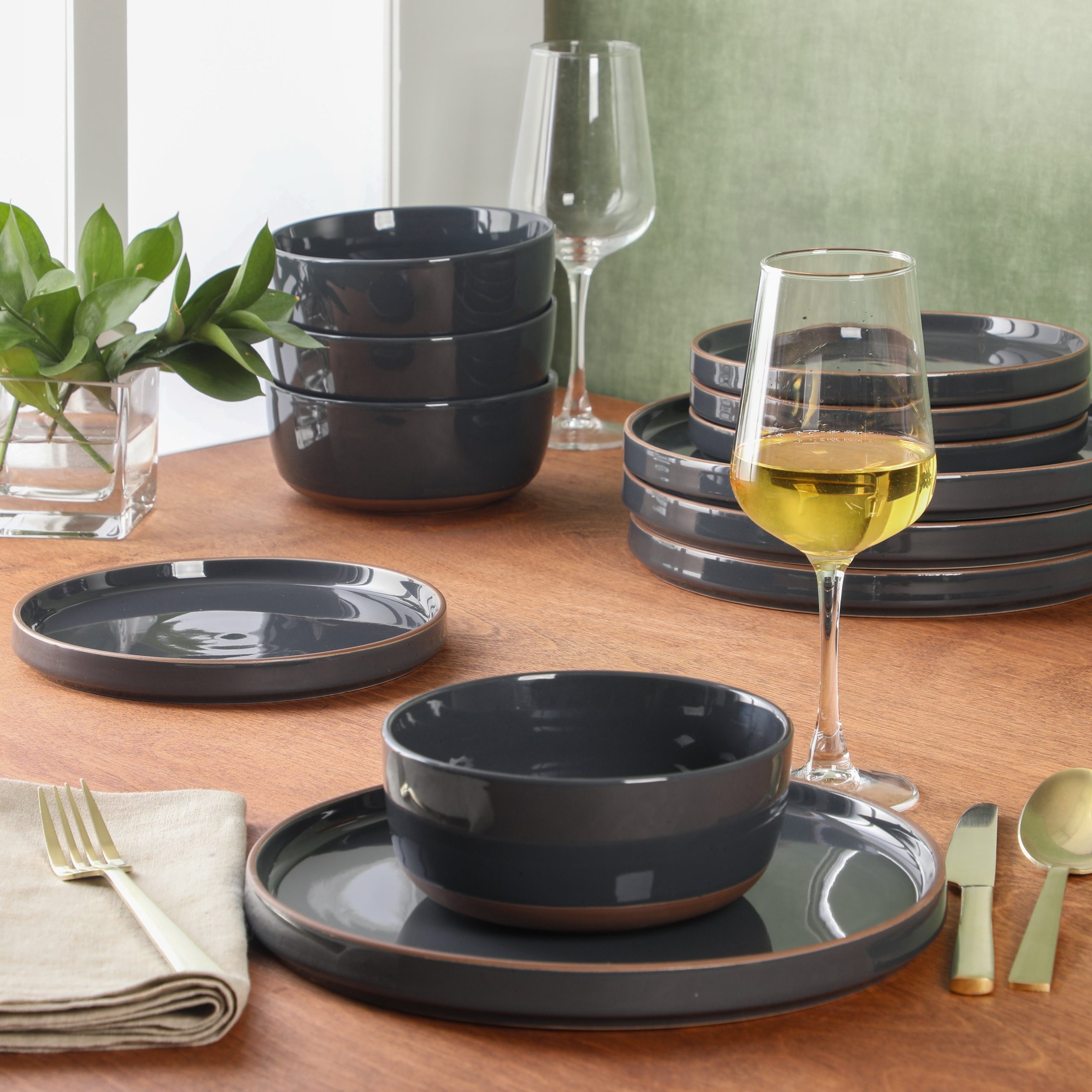 Gibson Elite Northrock Stoneware Dinnerware Set, 12-Piece Service for 4 Plates and Bowls Set – Dishes with Hand-Painted Terracotta Base - Image 2