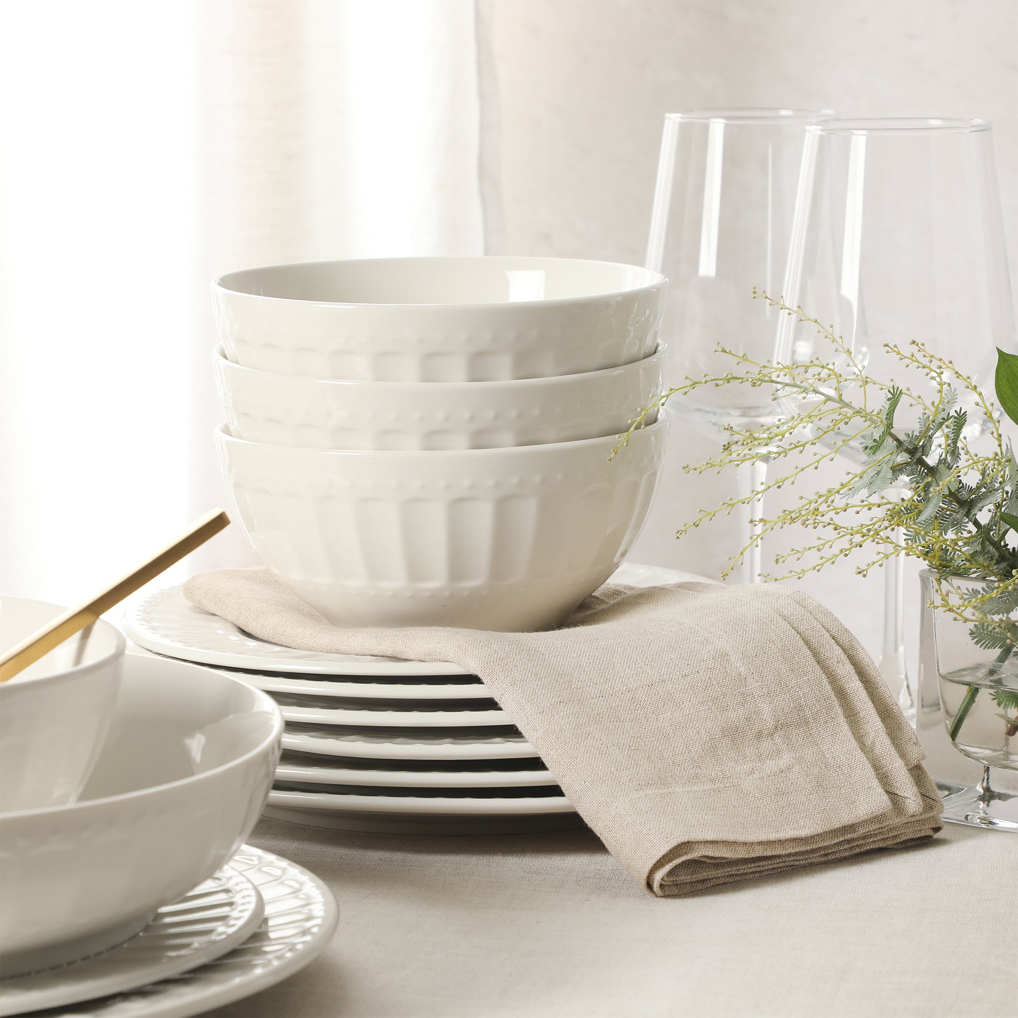 Gibson Home Melbourne White Plates and Bowls Set, 16 Piece Embossed Ceramic Dinnerware Set - Service for 4 Dishes - With Pasta Bowl - Image 7