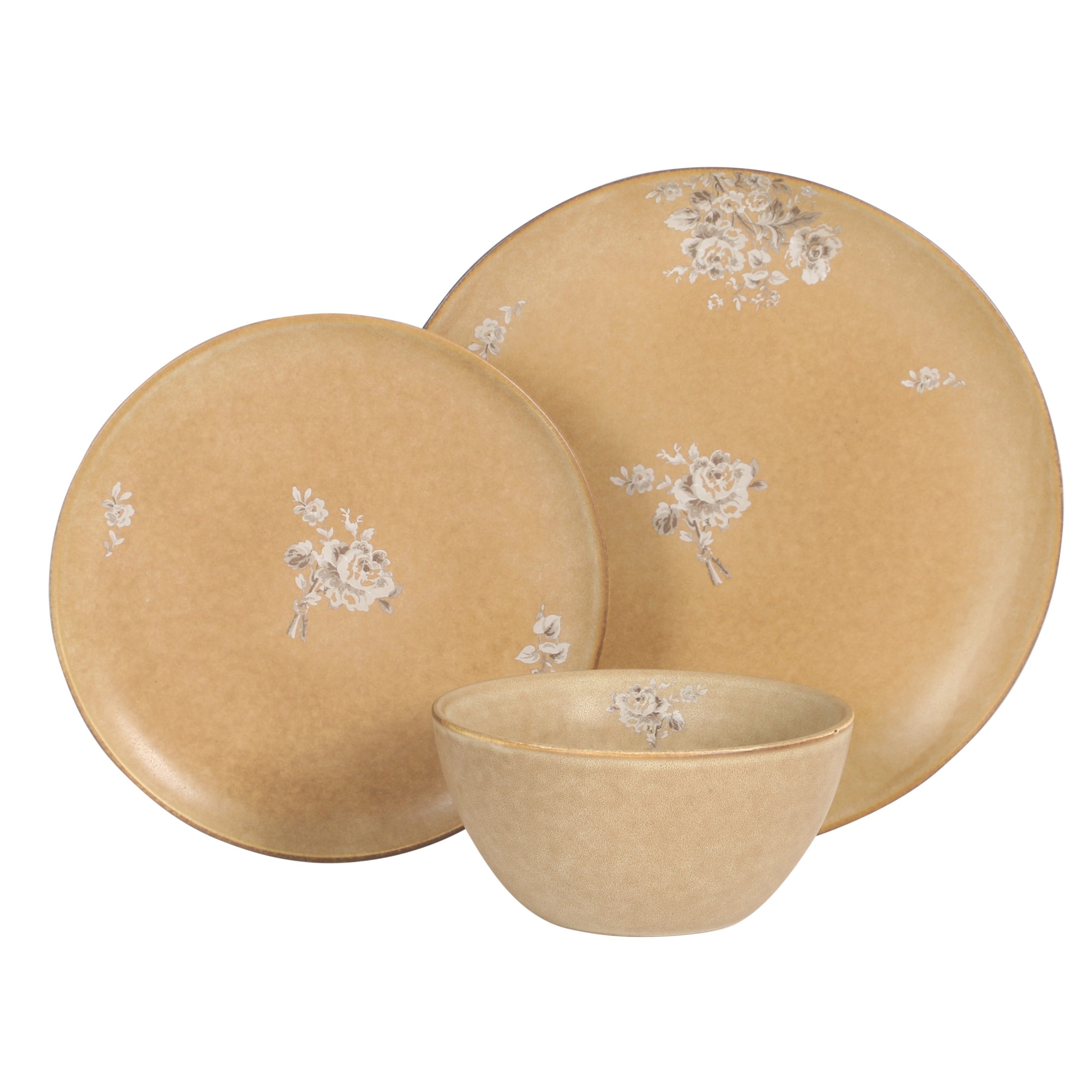 Gibson Elite Valencia Bloom 12 Piece Plates and Bowls Dinnerware Set - Taupe with Floral Decal Dishes - Microwave and Dishwasher Safe - Image 7
