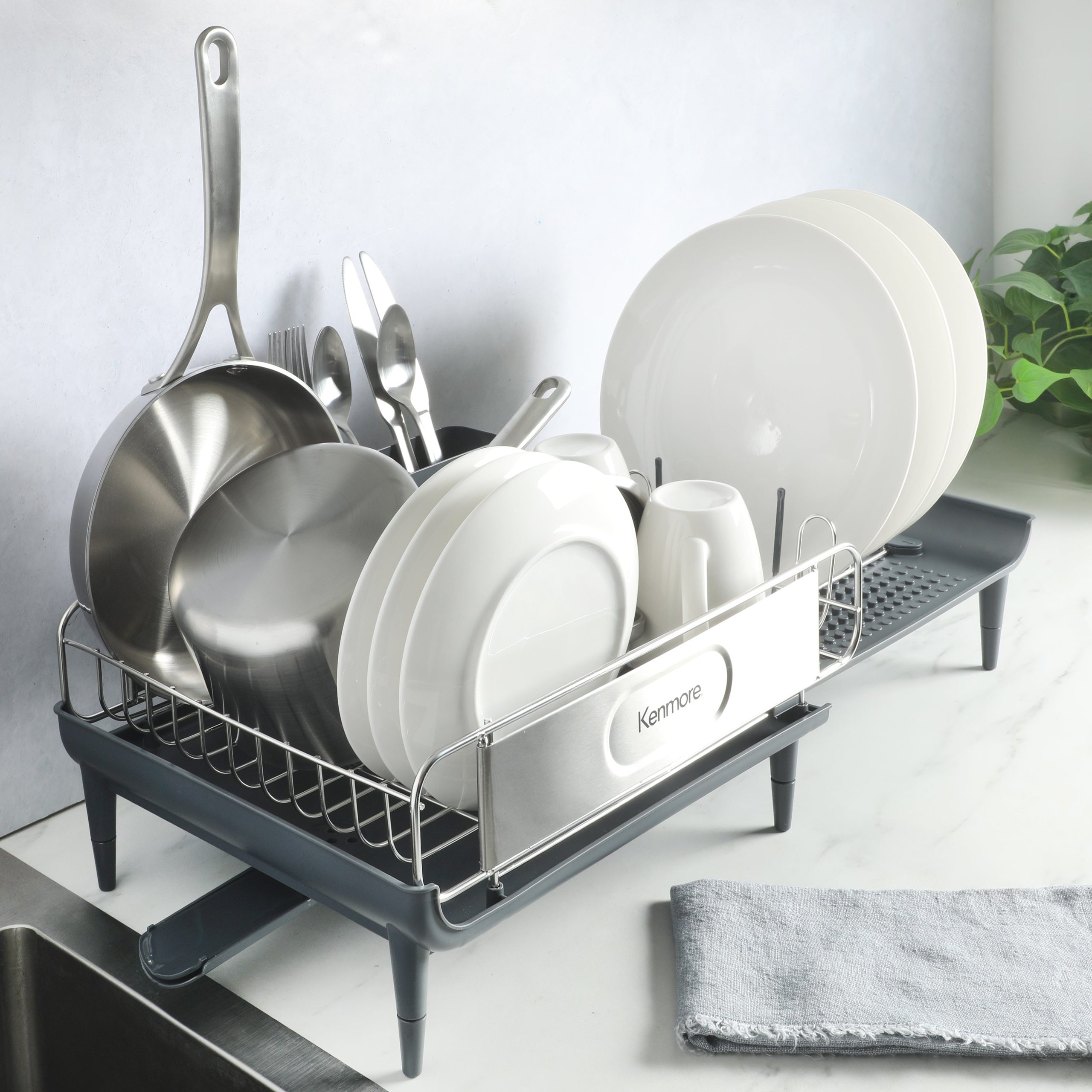 Kenmore Loxdell Expandable Full Size Rust Resistant Dish Rack with Drain Board and Flatware Caddy - Image 2
