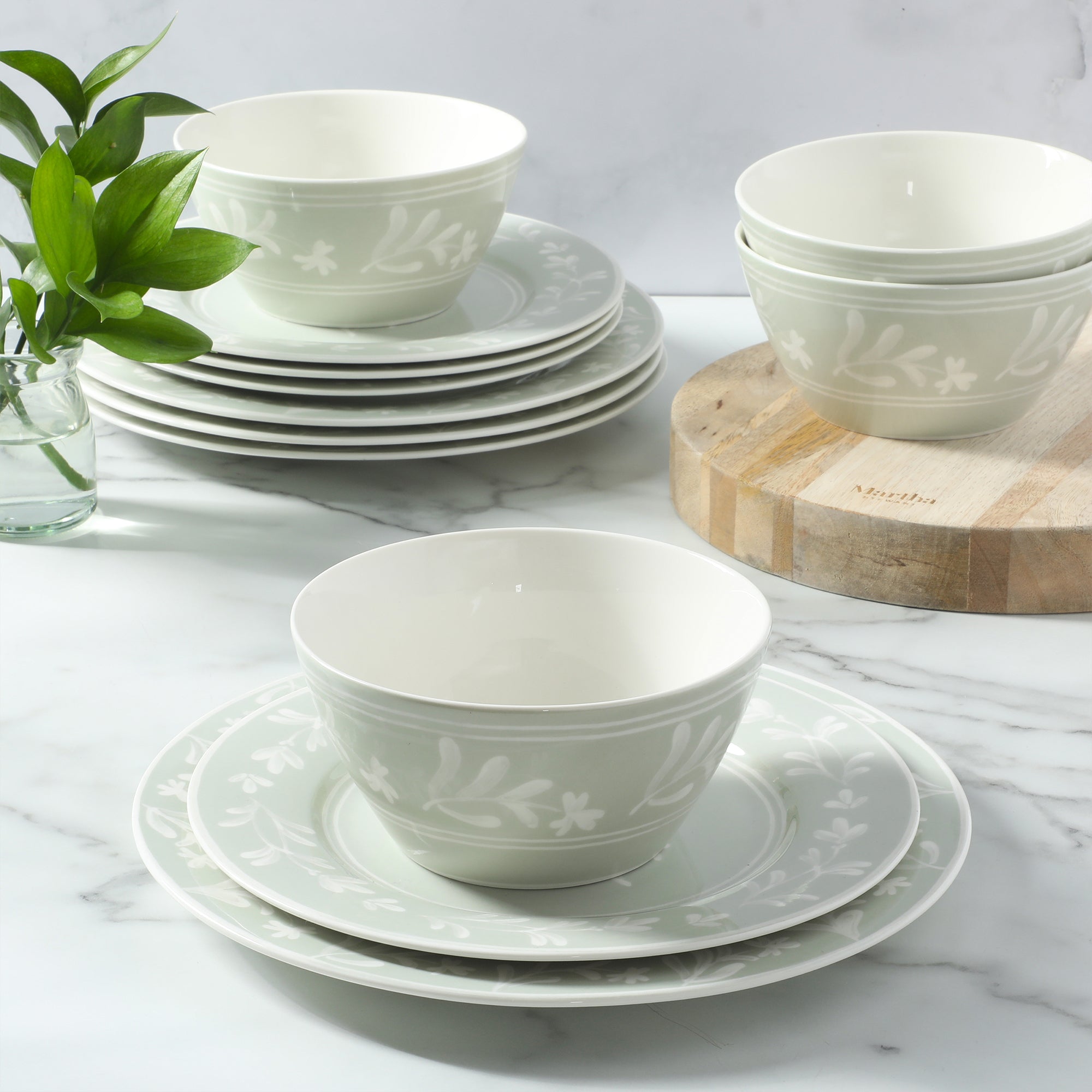 Martha Stewart Maiden Crown 12-Piece Dinnerware Set – Vegan Bone China Ceramic Plates & Bowls – Floral Design – Service for 4 – Dishwasher & Microwave Safe - Image 14