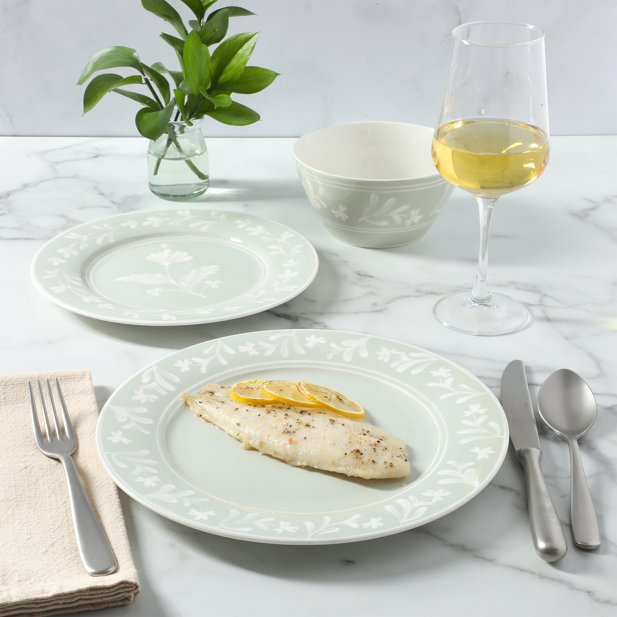 Martha Stewart Maiden Crown 12-Piece Dinnerware Set – Vegan Bone China Ceramic Plates & Bowls – Floral Design – Service for 4 – Dishwasher & Microwave Safe - Image 15