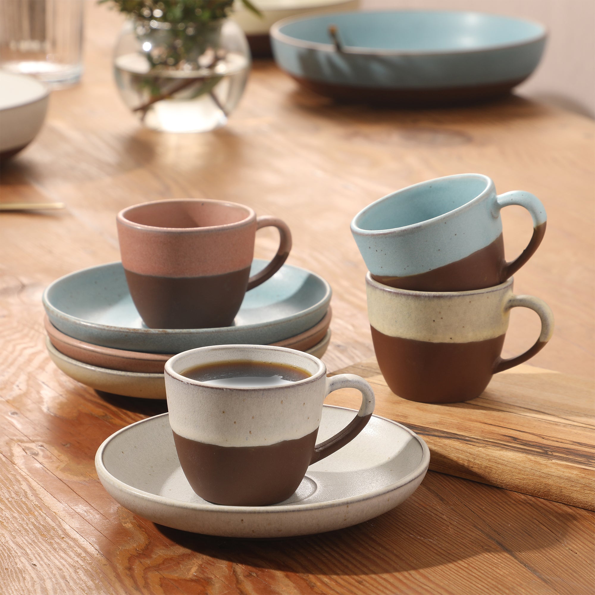 Gibson Elite William Crest 8 Piece Cup & Saucer Set, 4 Stoneware Cups & 4 Saucers, Reactive Glaze Finish, 3.5oz Espresso Cups, 5.5” Saucers, Round Coffee Set, Microwave & Dishwasher Safe - Image 2