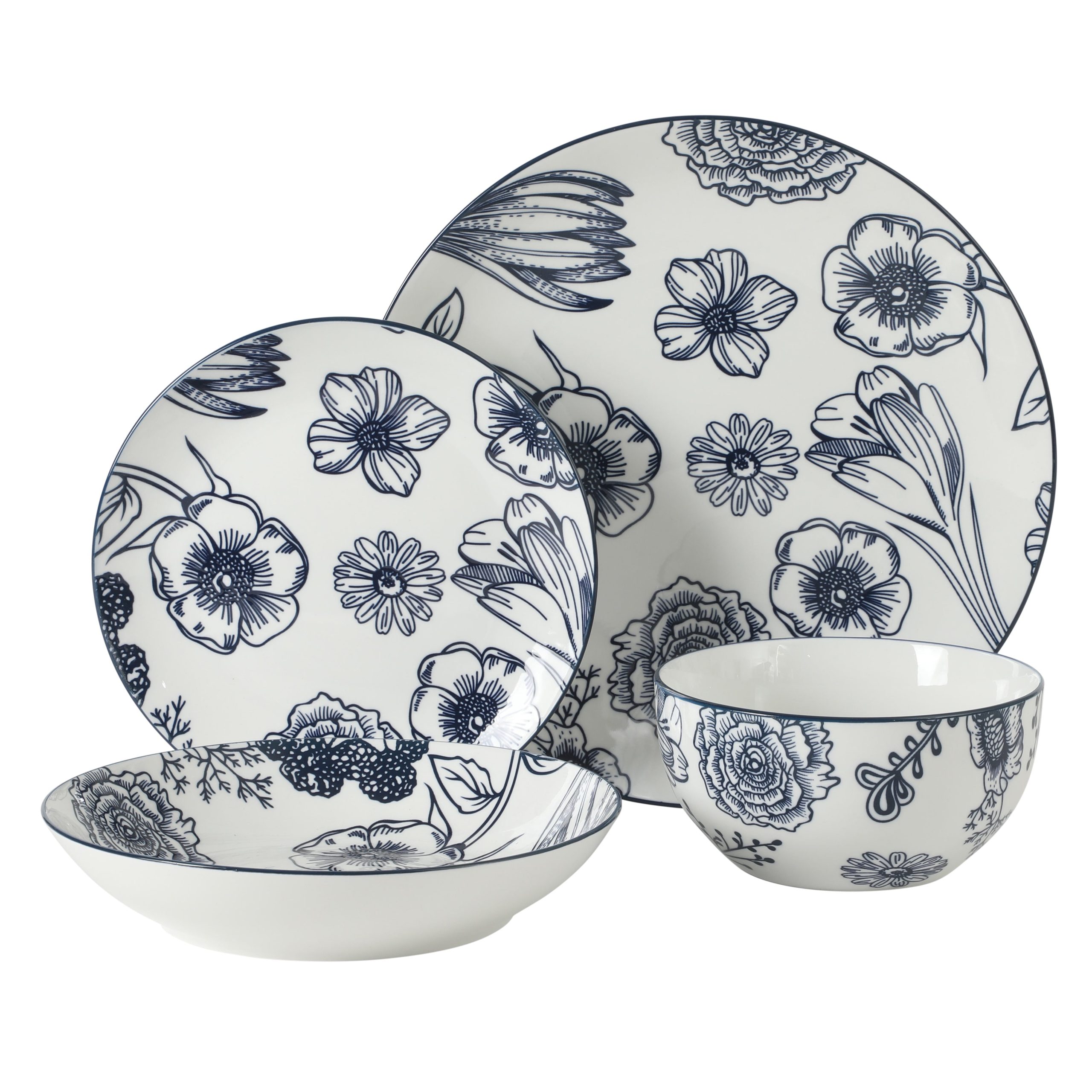Gibson Home Westerly Court 16-Piece Dinnerware Set, Blue Floral Stoneware Plates & Bowls, Service for 4, Round Durable Everyday Dish Set - Image 6