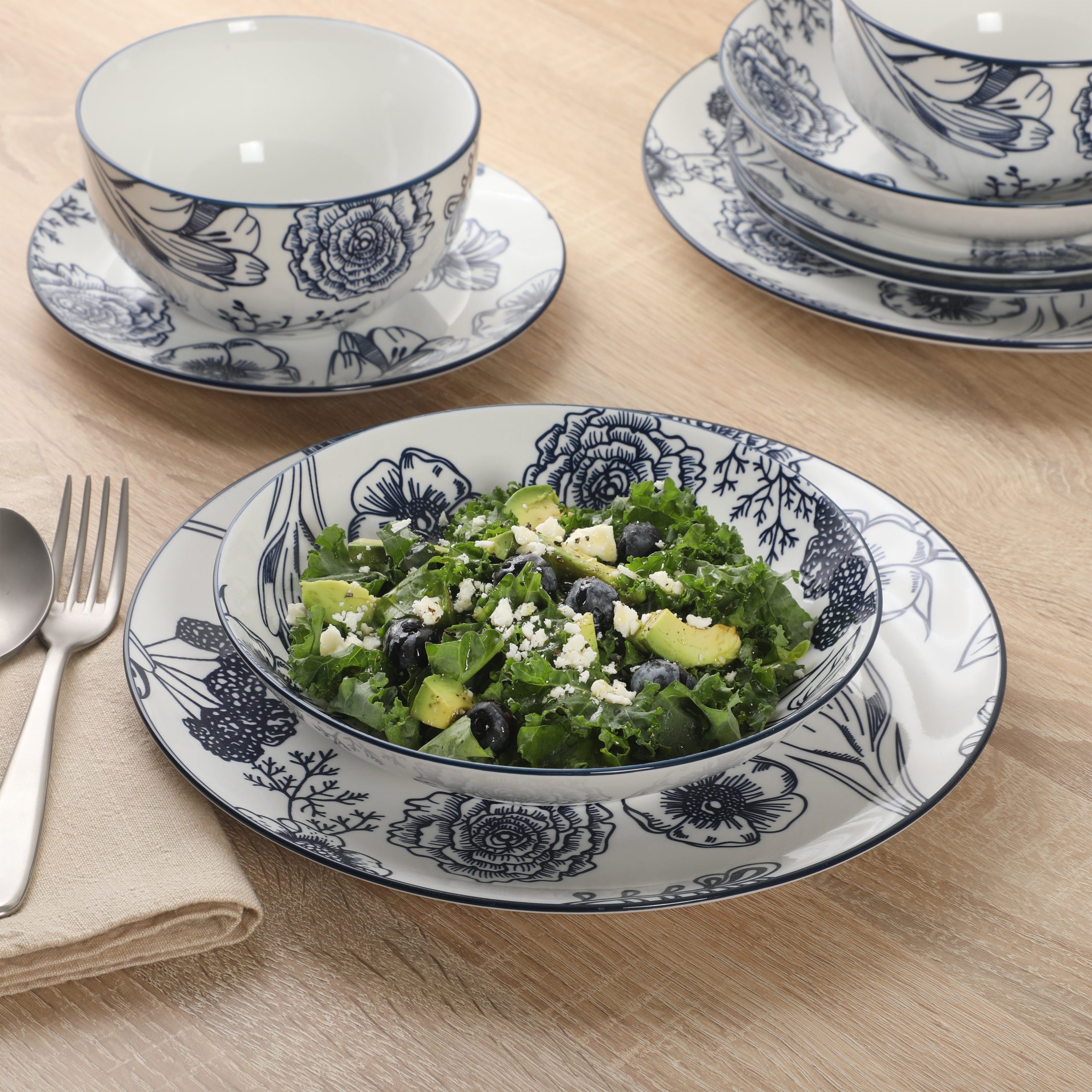 Gibson Home Westerly Court 16-Piece Dinnerware Set, Blue Floral Stoneware Plates & Bowls, Service for 4, Round Durable Everyday Dish Set - Image 2