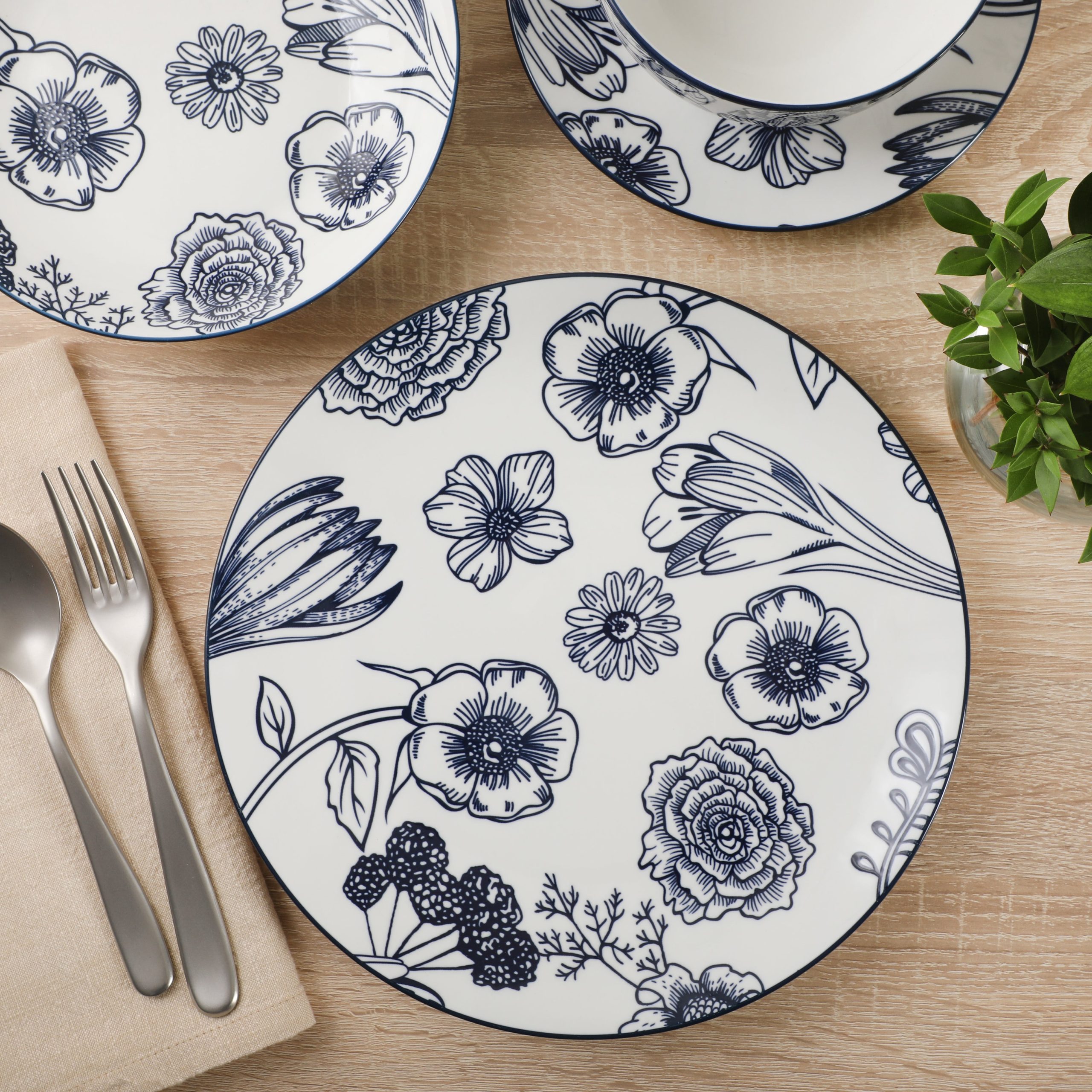 Gibson Home Westerly Court 16-Piece Dinnerware Set, Blue Floral Stoneware Plates & Bowls, Service for 4, Round Durable Everyday Dish Set - Image 4
